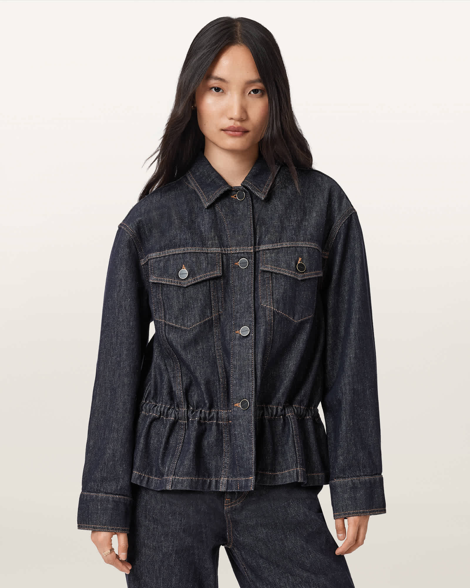Allsaints Womens Raw Indigo Blu Denby Peplum-hem Denim Jacket In Animal Print