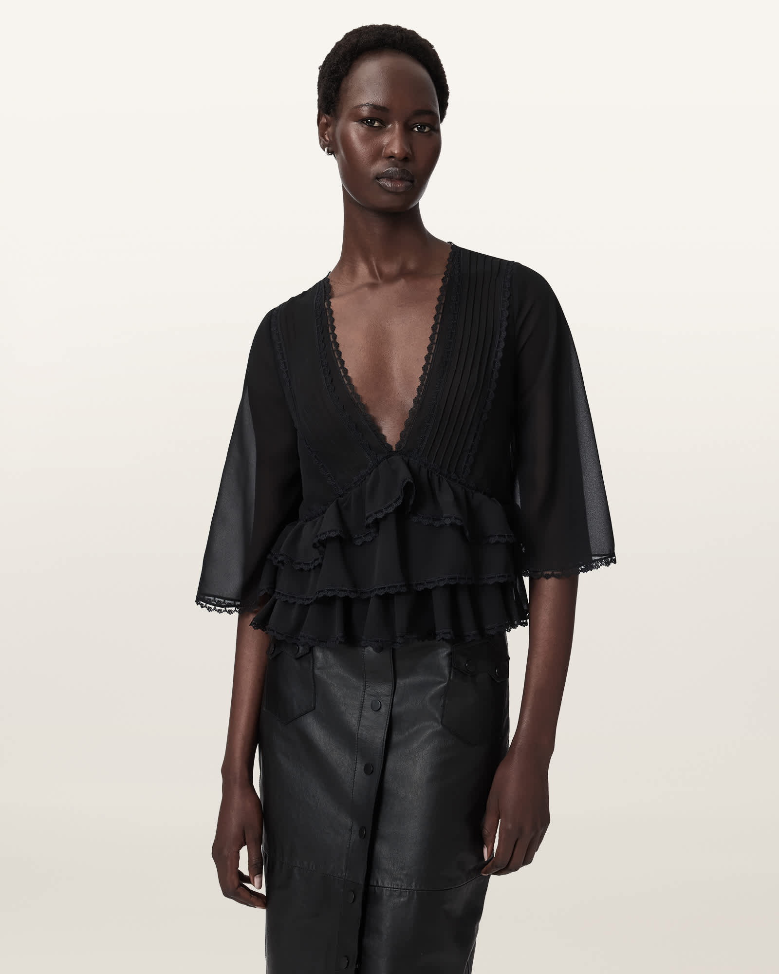 Allsaints Women's Black Flo V-Neck Lace Tiered Top - Size  16