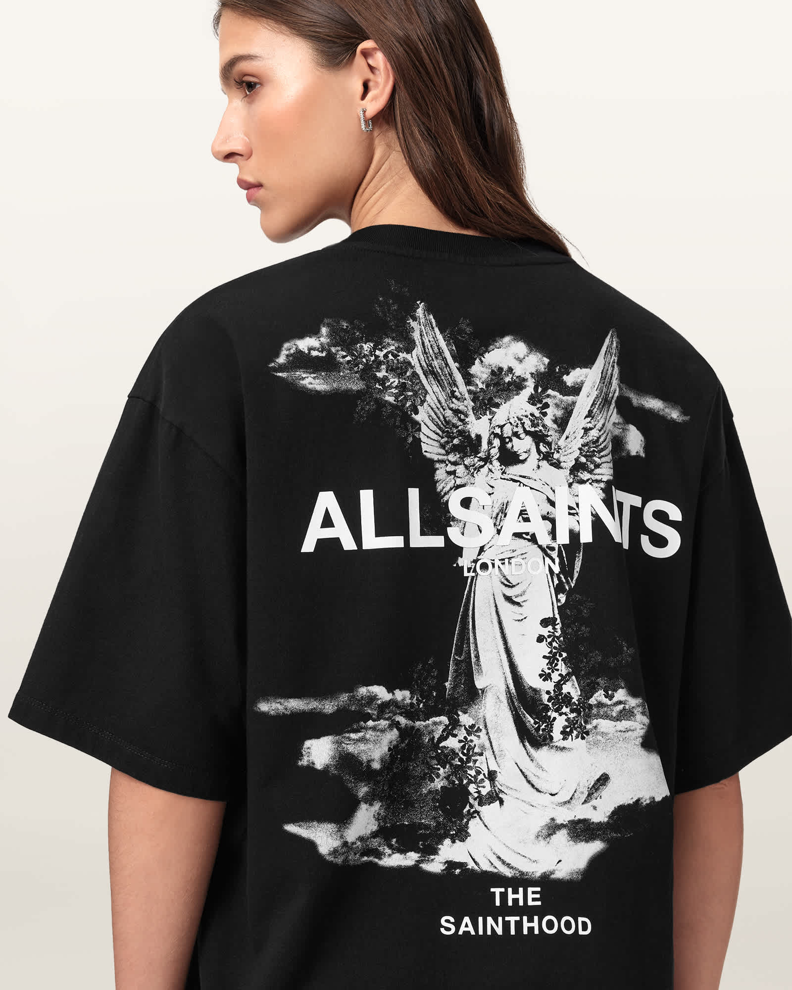 Allsaints Guardian Amelie Short Sleeve Graphic Logo T-shirt With Back Print In Black