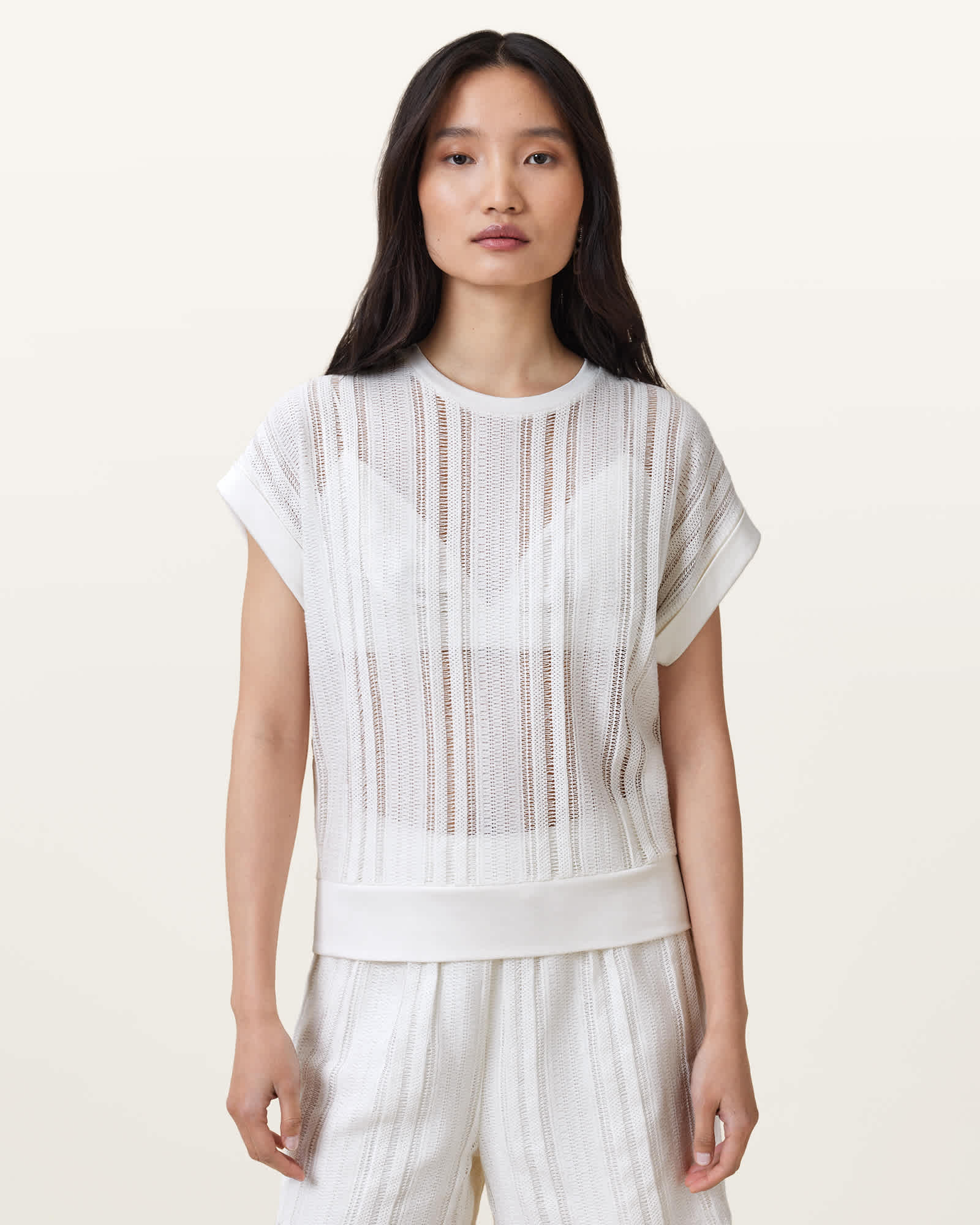 AllSaints Giana Crochet Crew Neck Tank Top,, Tofu White