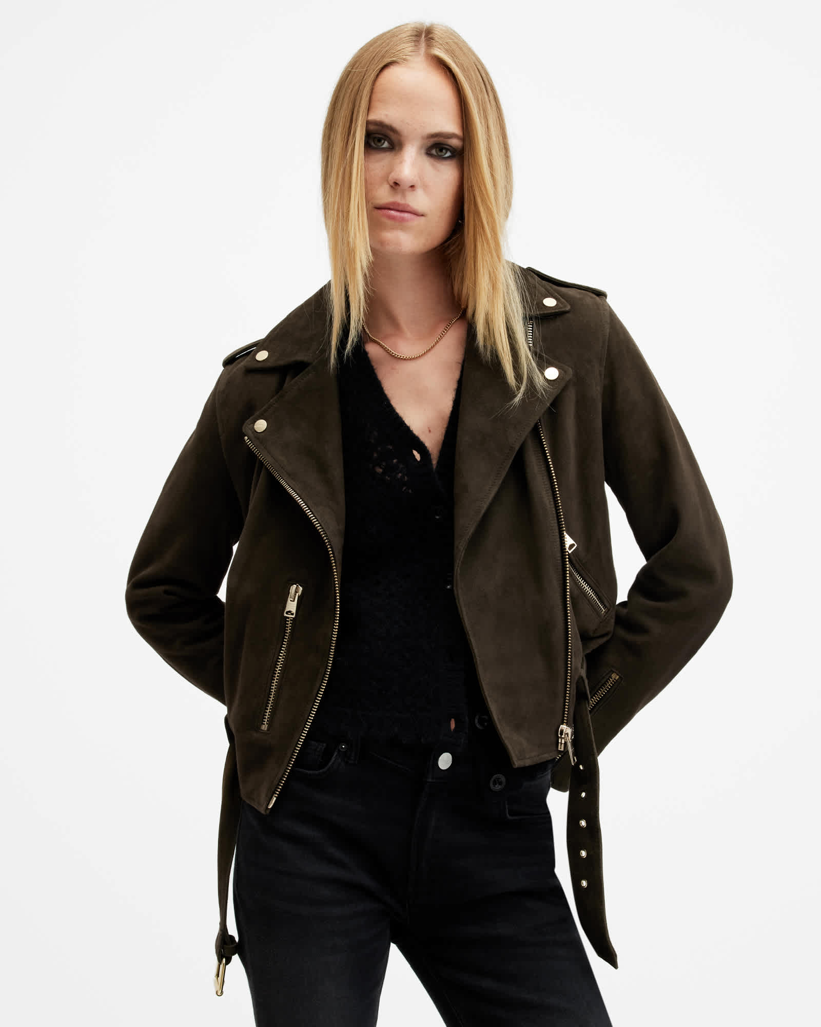 AllSaints Balfern Belted Suede Biker Jacket,, Green