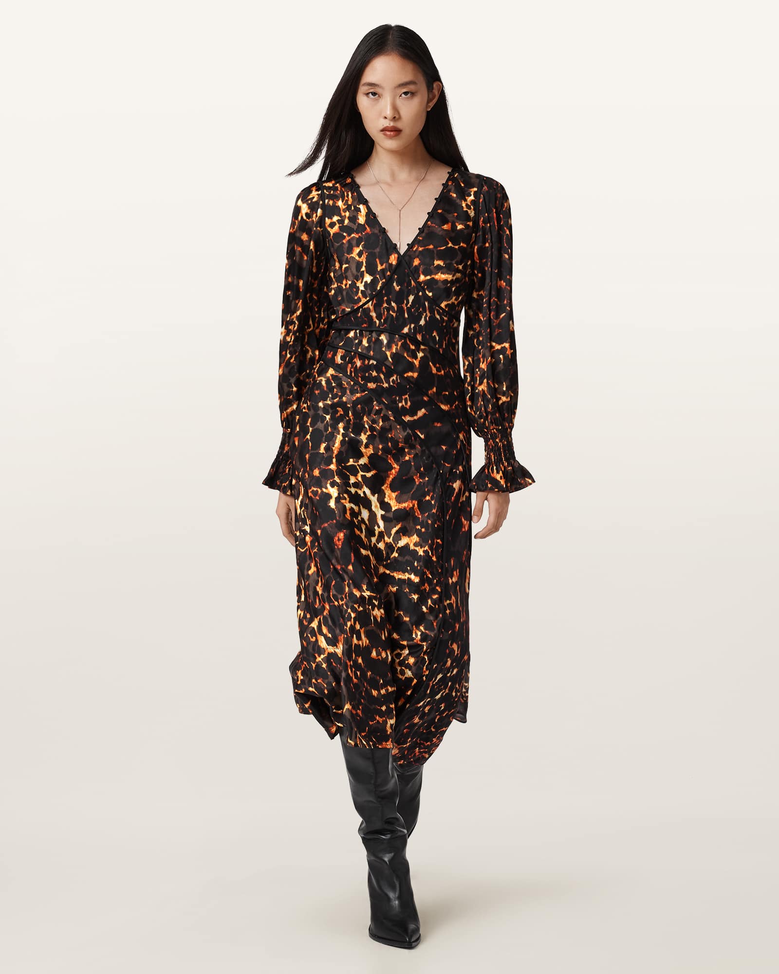 Allsaints Danni Shirr Midi Dress In Black