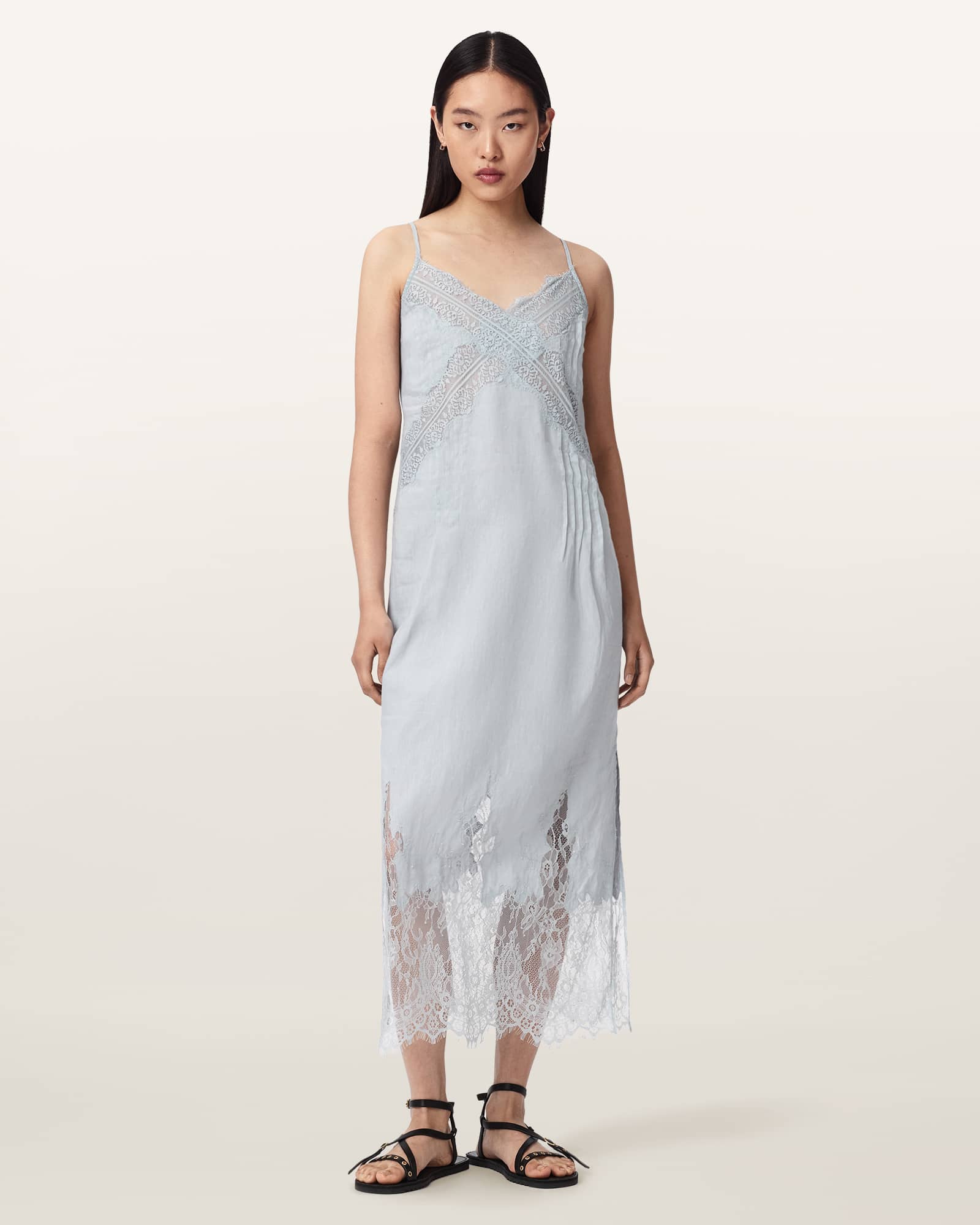 AllSaints Polyester Samia Linen Lace Midi Dress, Size: UK 12/US 8