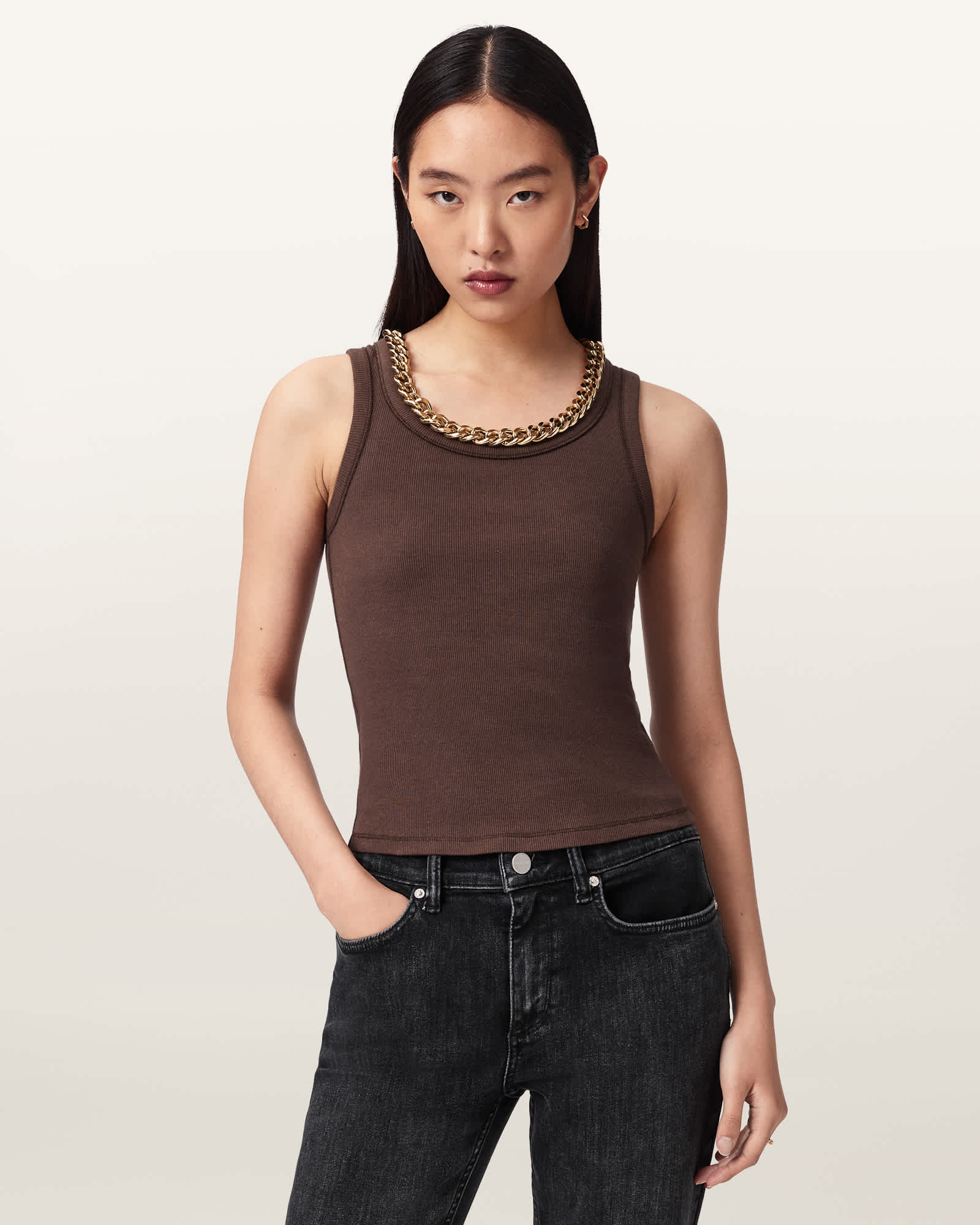 AllSaints Cotton/Modal Lucy Sleeveless Slim Fit Ribbed Tank Top, Size: L