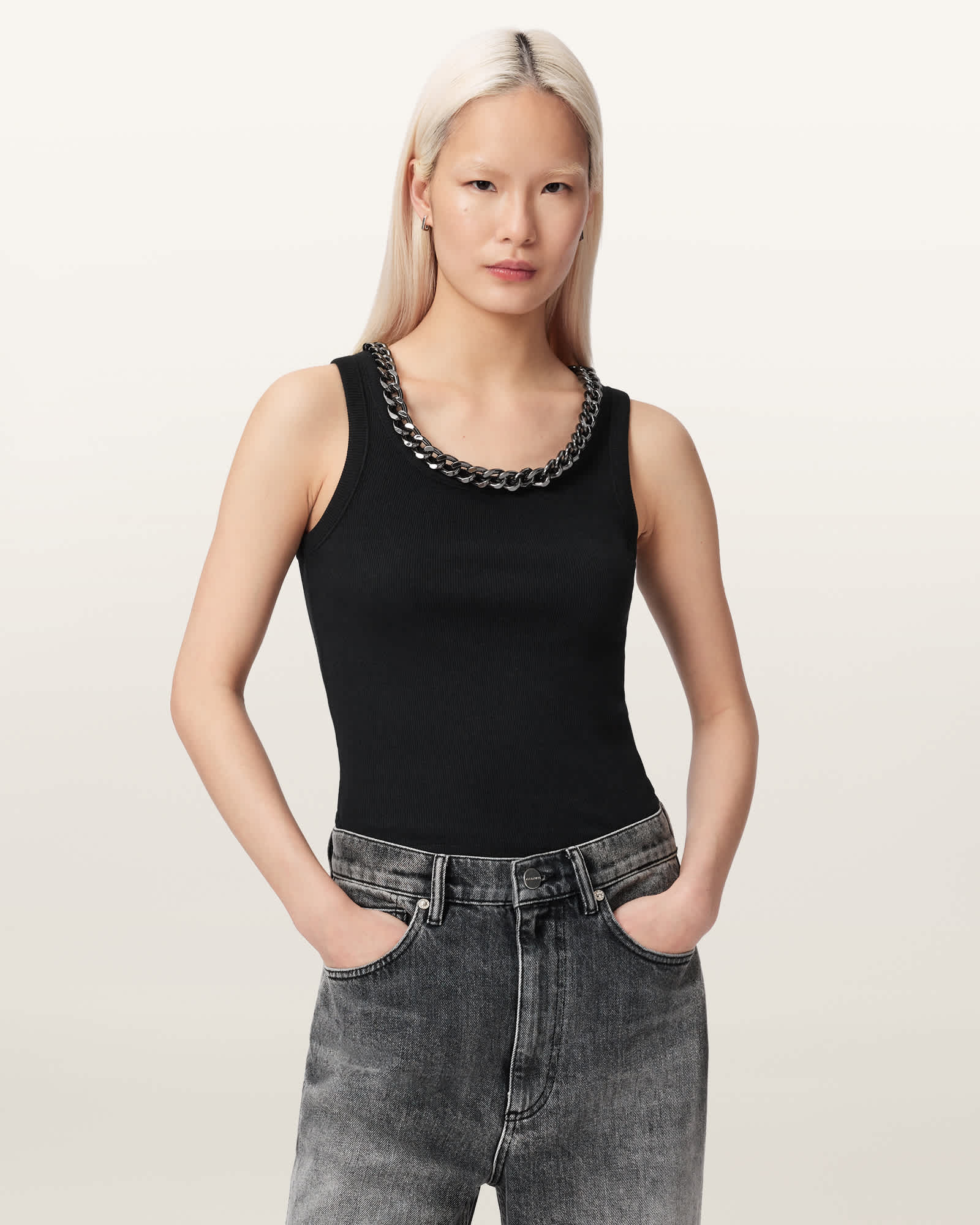AllSaints Cotton/Modal Lucy Sleeveless Slim Fit Ribbed Tank Top, Size: M