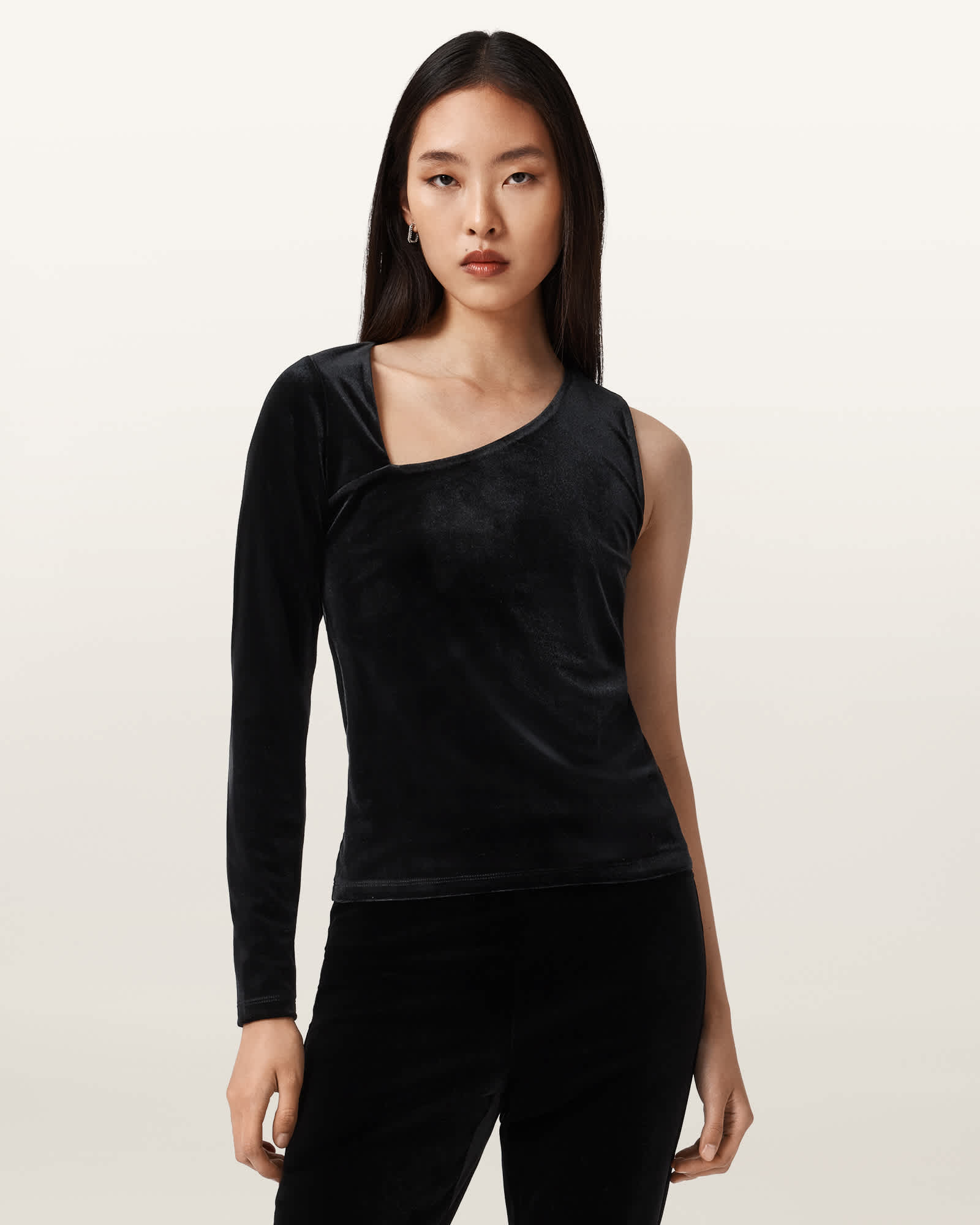 Allsaints Ari Asymmetric Single Long Sleeve Velvet Top In Black