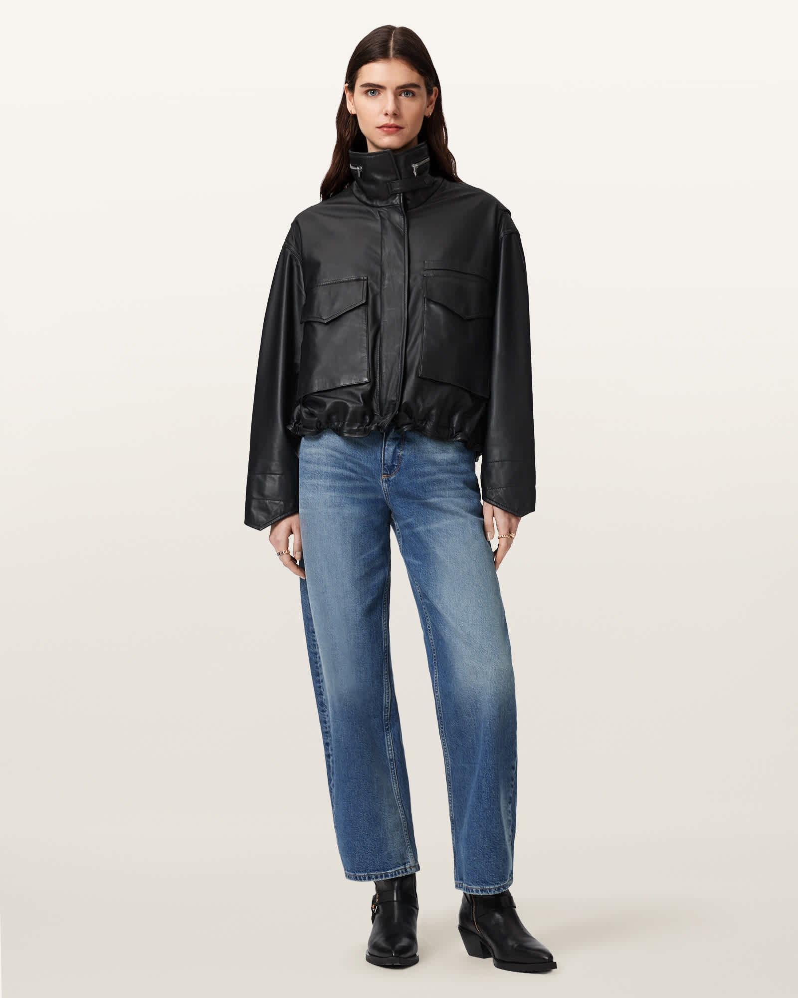 AllSaints Leather Clay Cropped Leather Jacket, Size: L