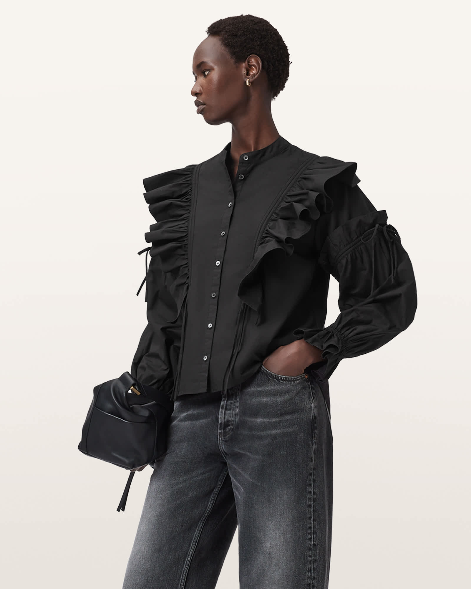 Allsaints Main: 100% Cotton Lulu Ruffled Cotton Shirt In Black