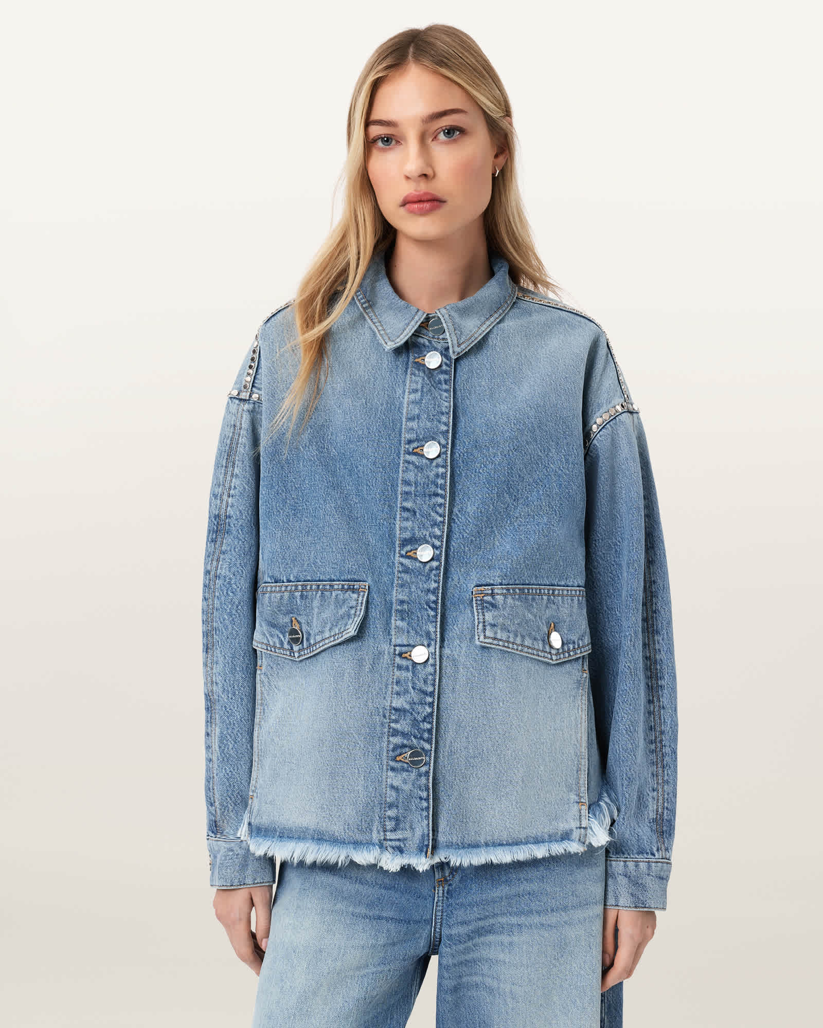 AllSaints Cotton/Lyocell Hettie Oversized Stud Shacket, Size: S