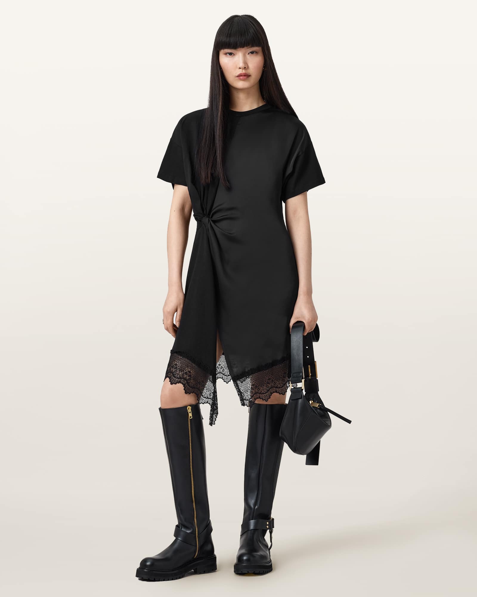 Allsaints Women's Black Lana Lace Trim Mini T-Shirt Dress - Size  14