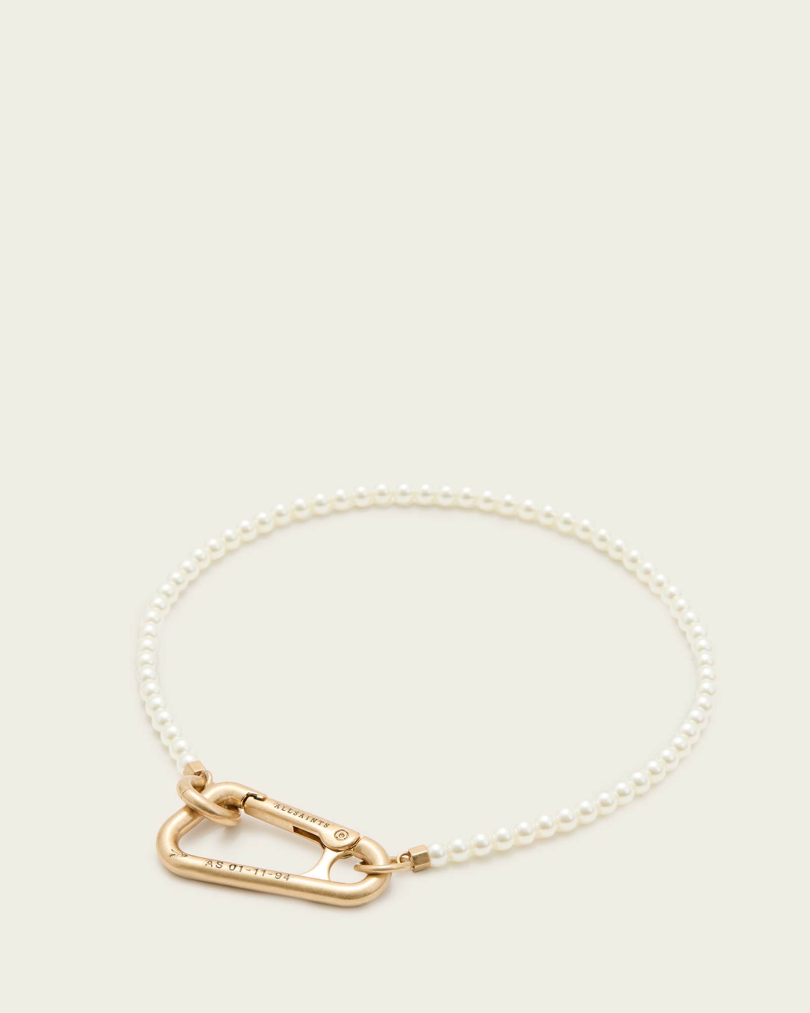 AllSaints Pearl Carabiner Clasp Necklace,, Warm Brass/White