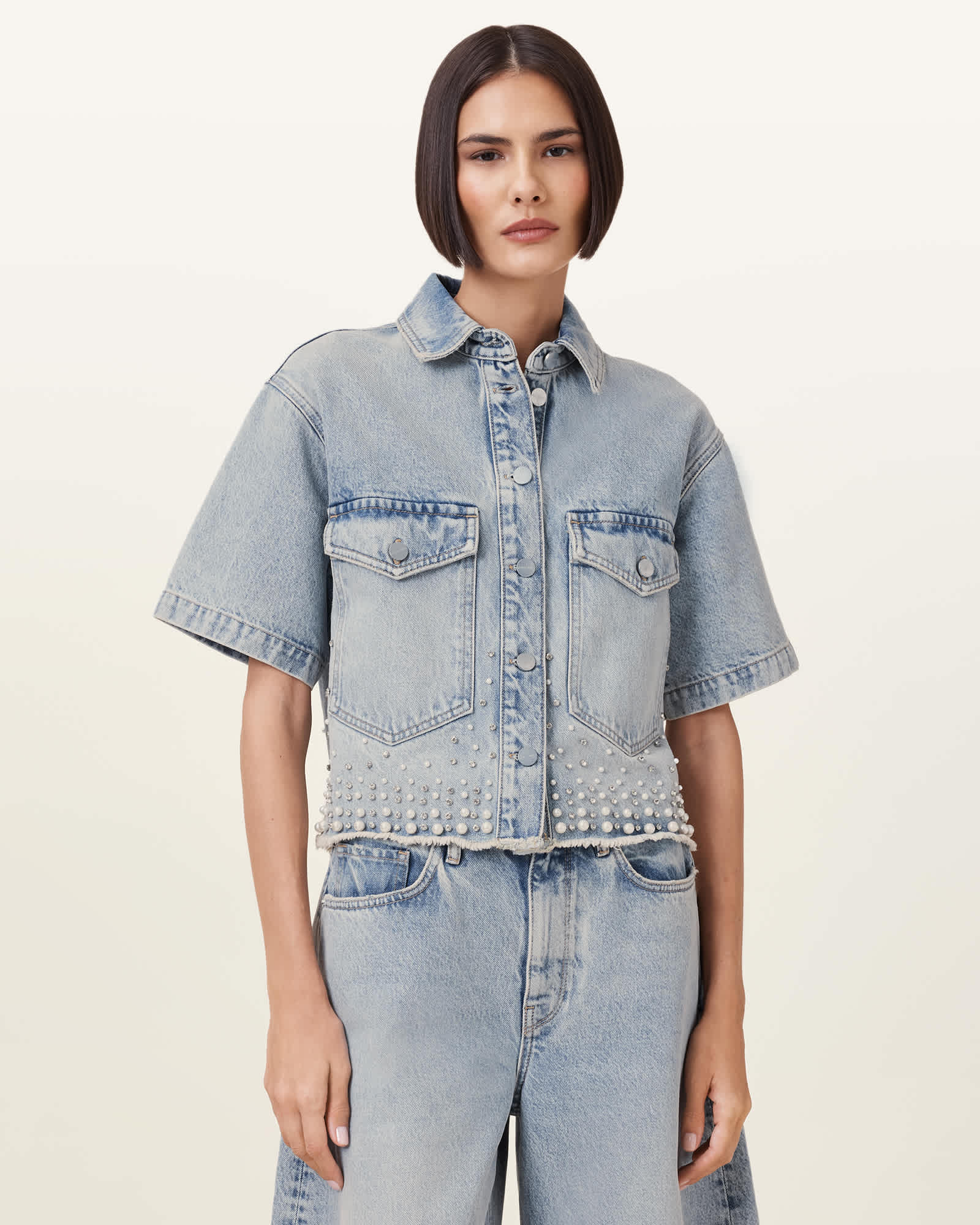 AllSaints Tove Embellished Oversized Denim Shirt,, Light Indigo