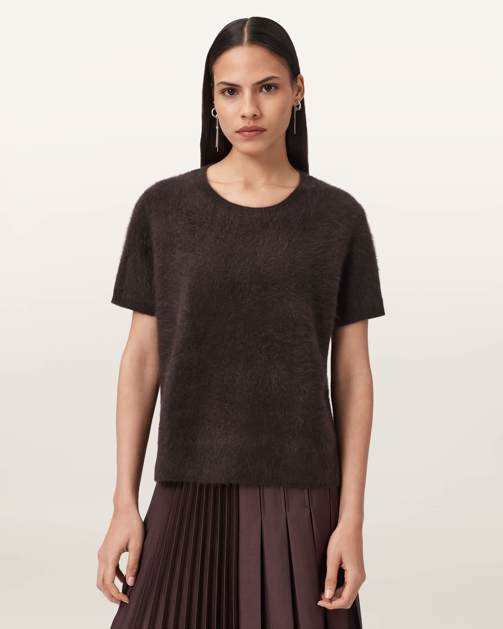Allsaints Womens Oxblood Red Rebel Crew-neck Short-sleeve Brushed Cashmere T-shirt In Brown