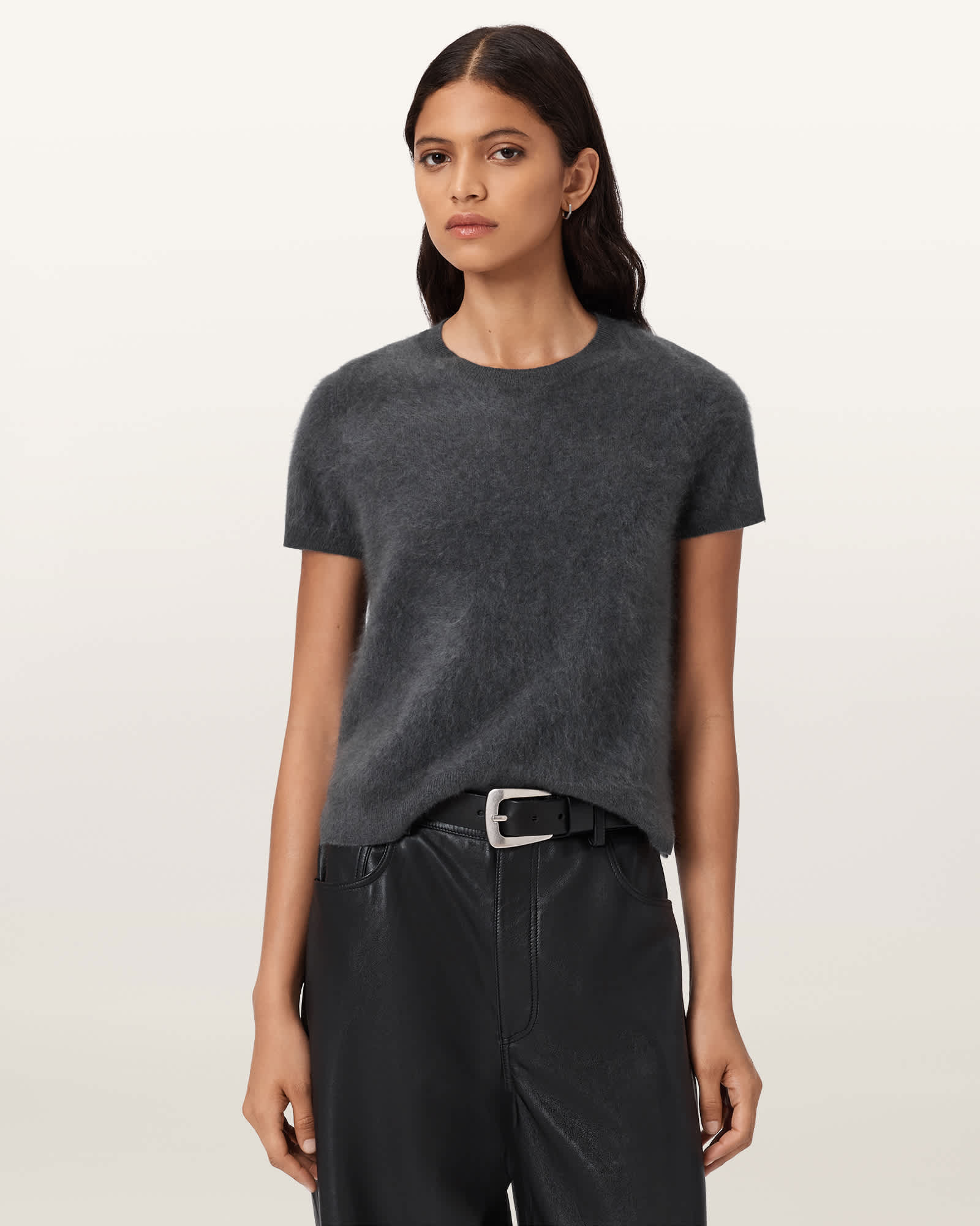 Allsaints Womens Graphite Grey Rebel Crew-neck Short-sleeve Brushed Cashmere T-shirt In Gray