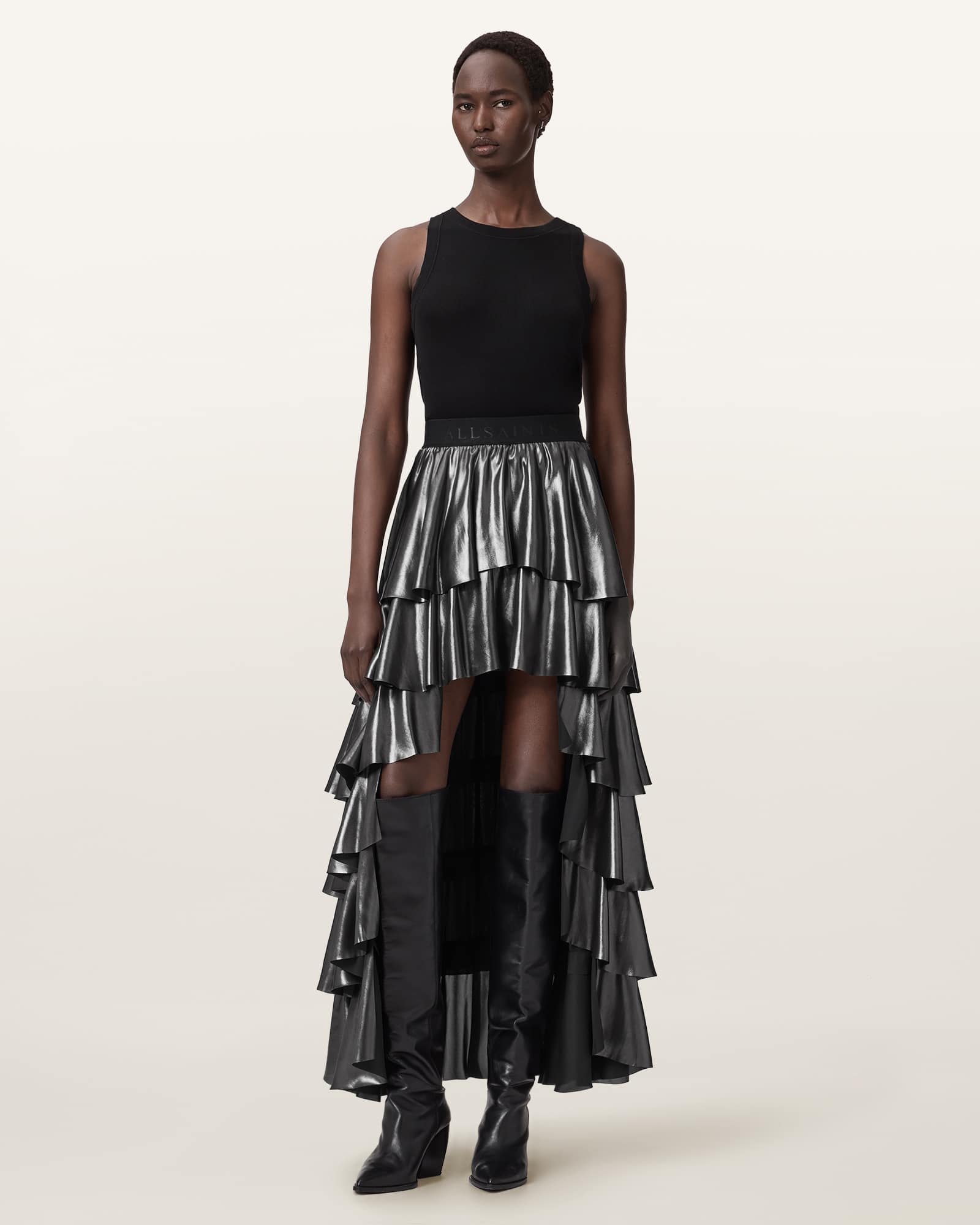 Allsaints Polyester Cavarly Metallic Maxi Skirt In Black