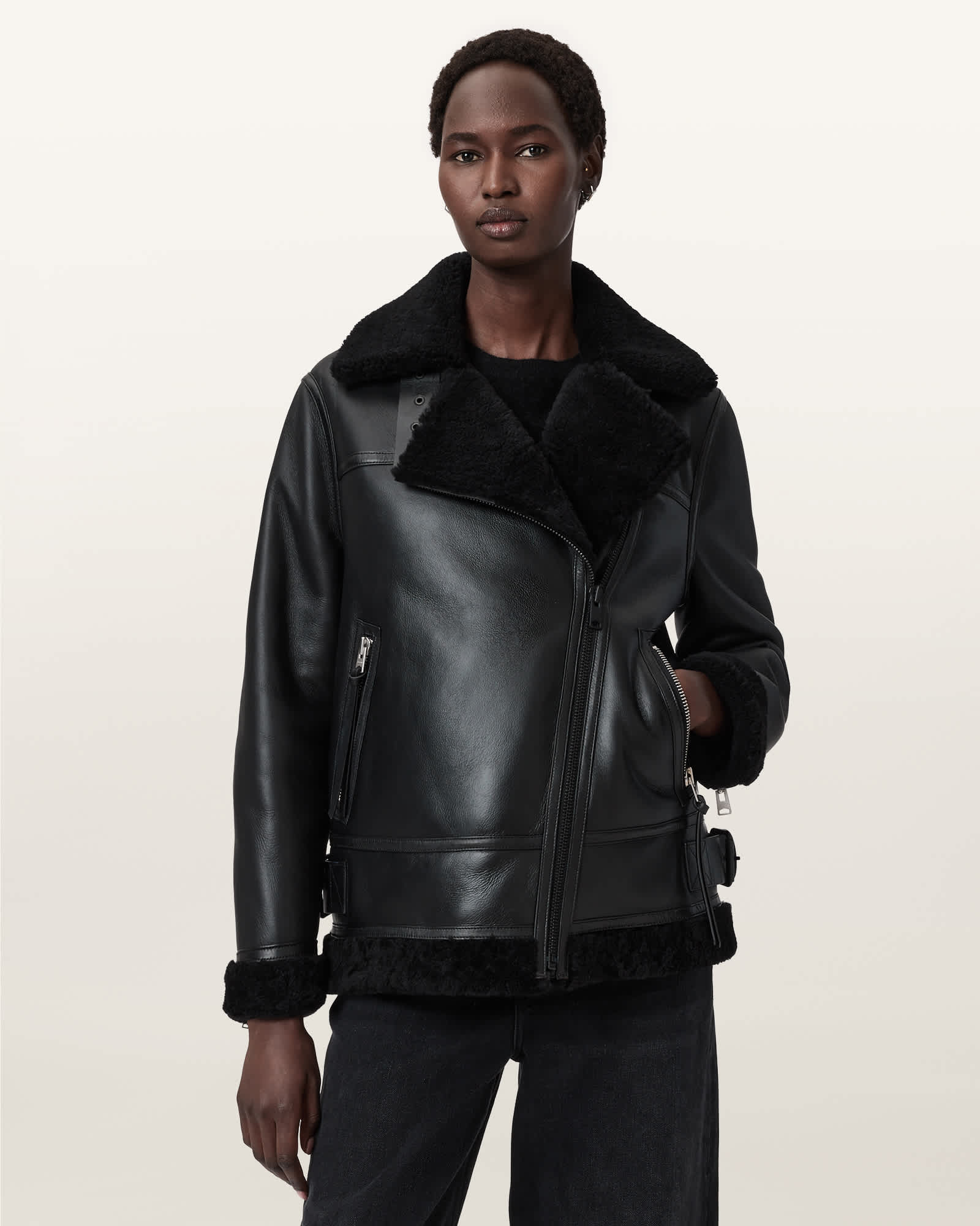 Allsaints Sola Oversize Genuine Shearling Biker Jacket In Black