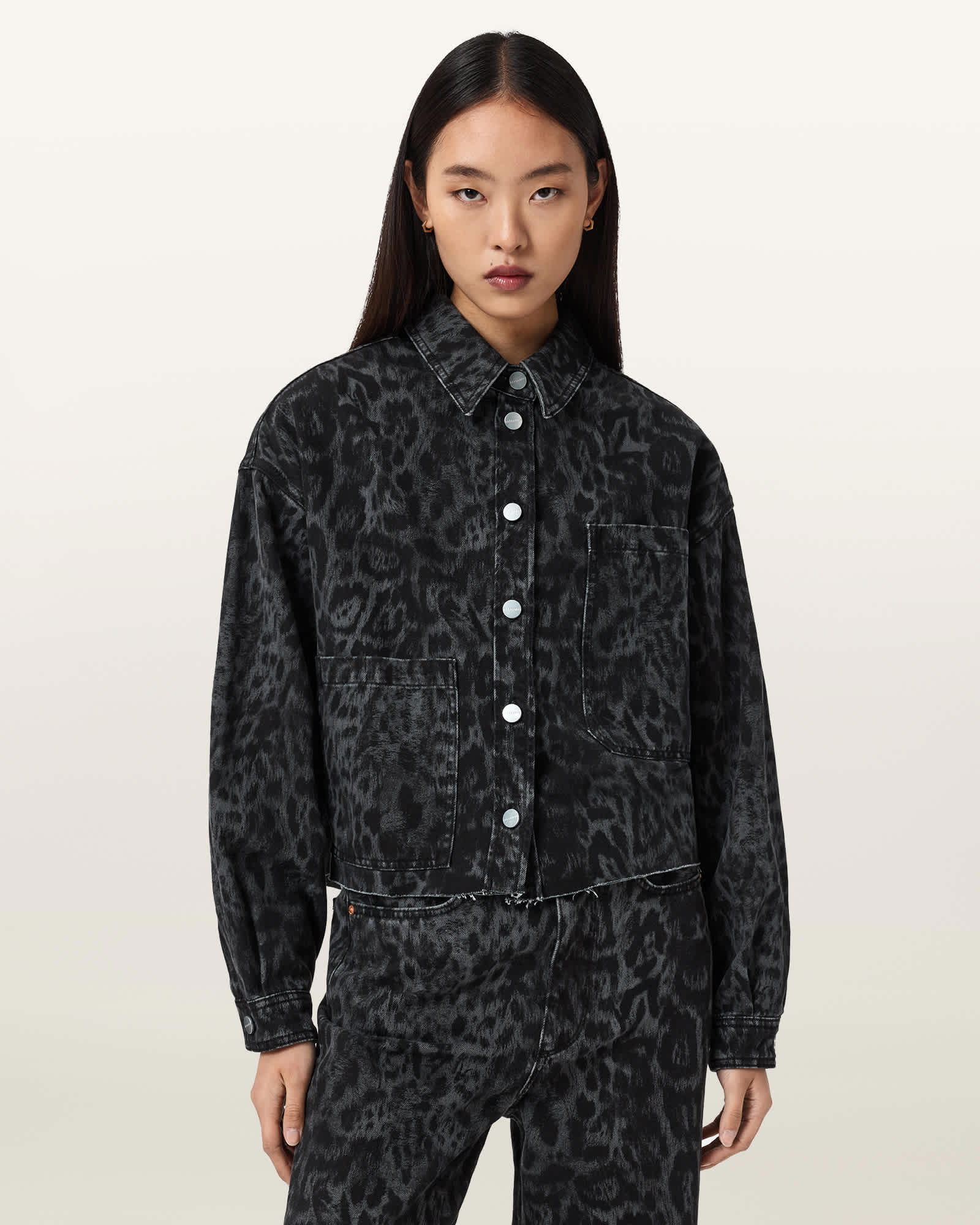 AllSaints Nicky Denim Leopard Print Shacket,, Leppo Black