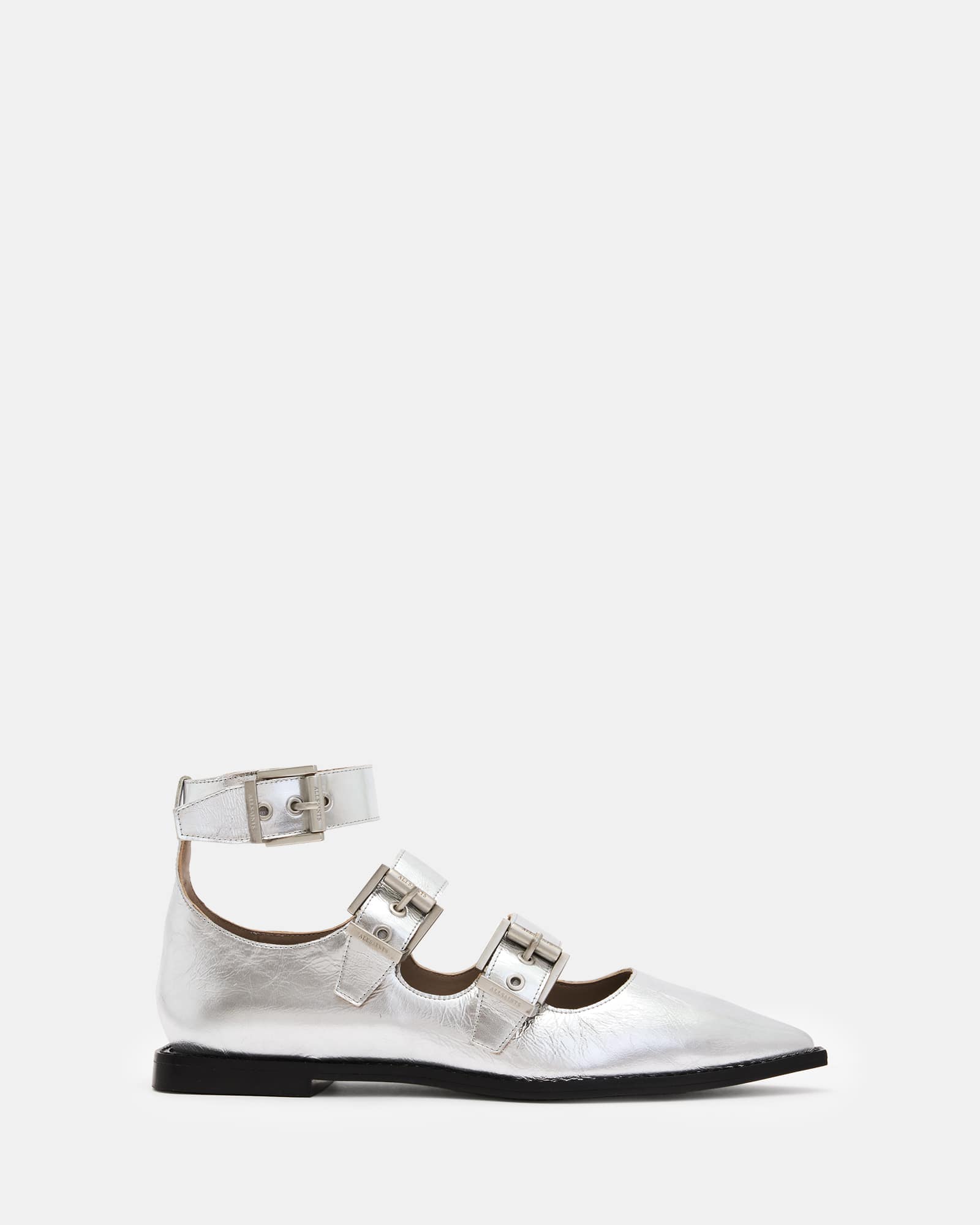 AllSaints Cow Leather Susan Buckle Metallic Leather Shoes