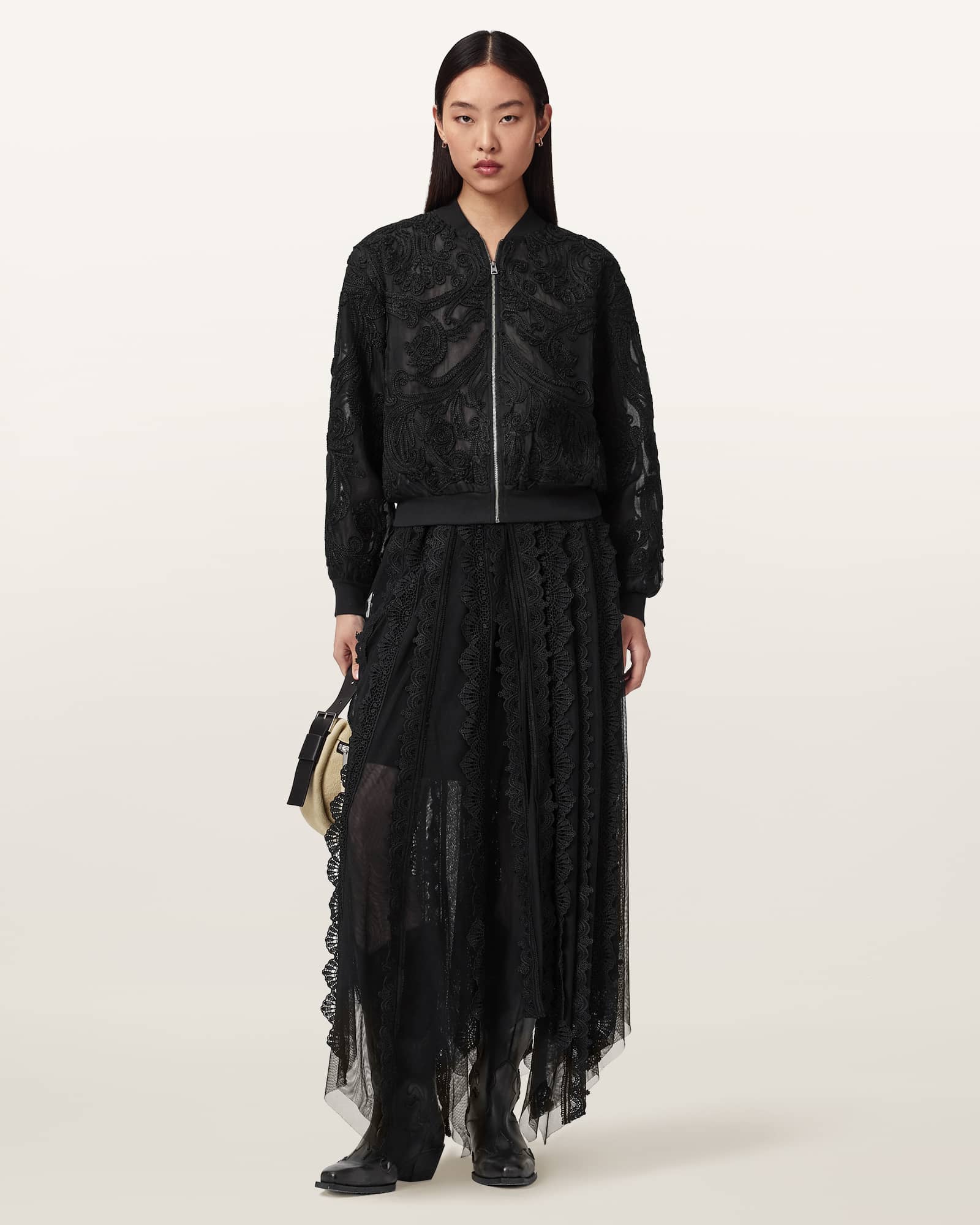 AllSaints Polyester Jade Embroidered Bomber Jacket, Size: UK 12/US 8
