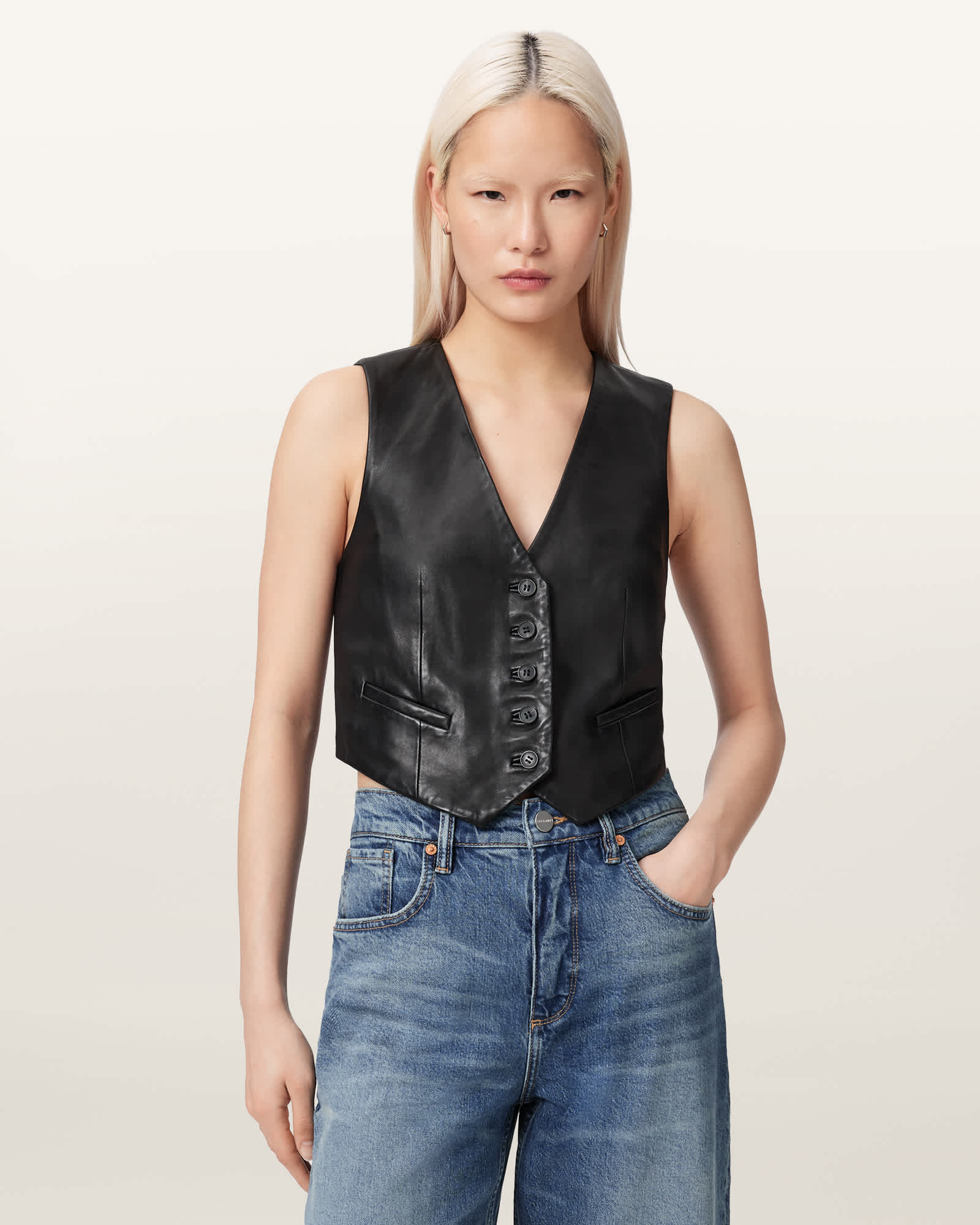 AllSaints Lamb Leather Arla Sleeveless Leather Waistcoat, Size: UK 6/US 2