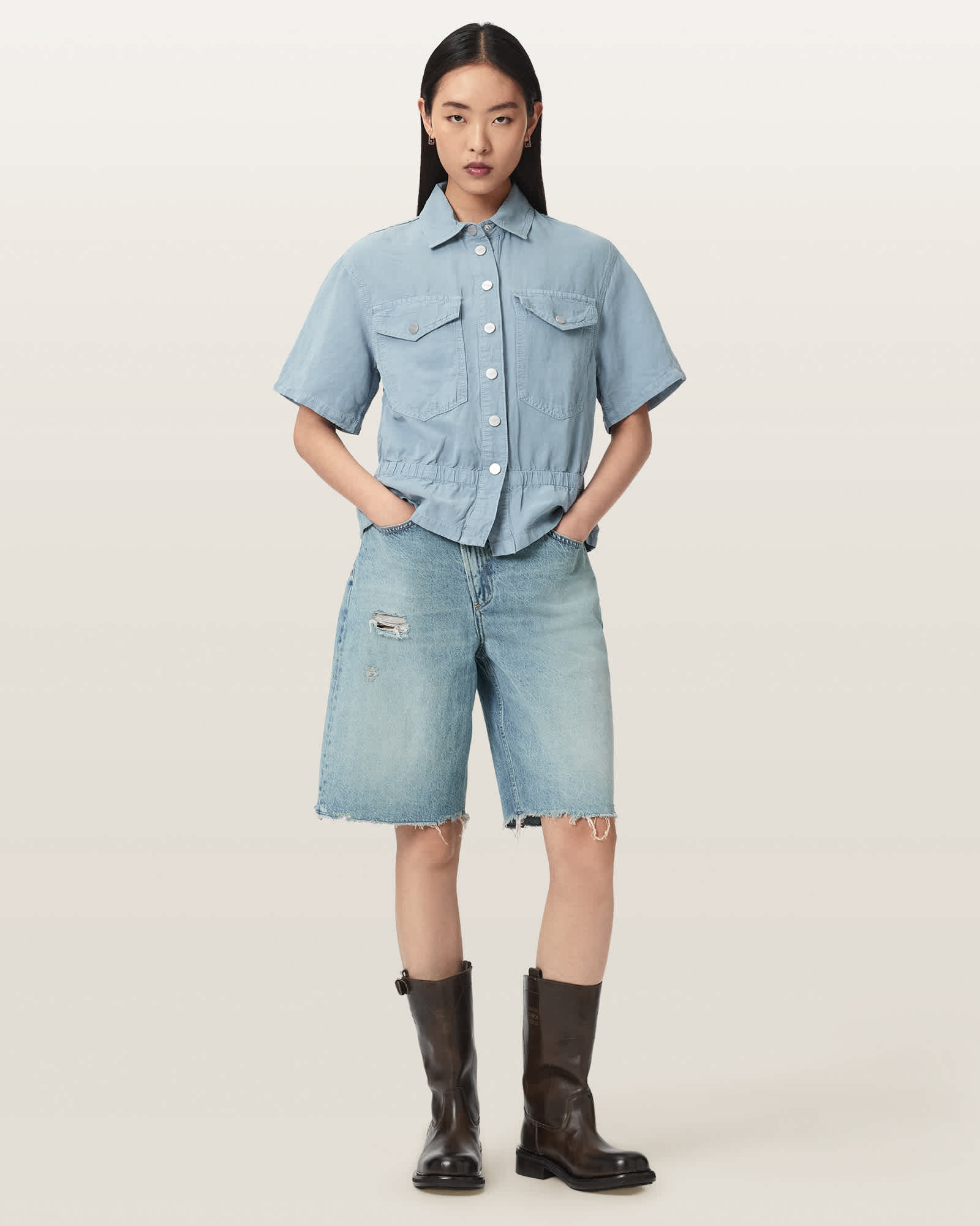 AllSaints Main: 54% Lyocell, 46% Linen Tove Short Sleeve Linen Blend Shirt, Size: UK 16/US 12