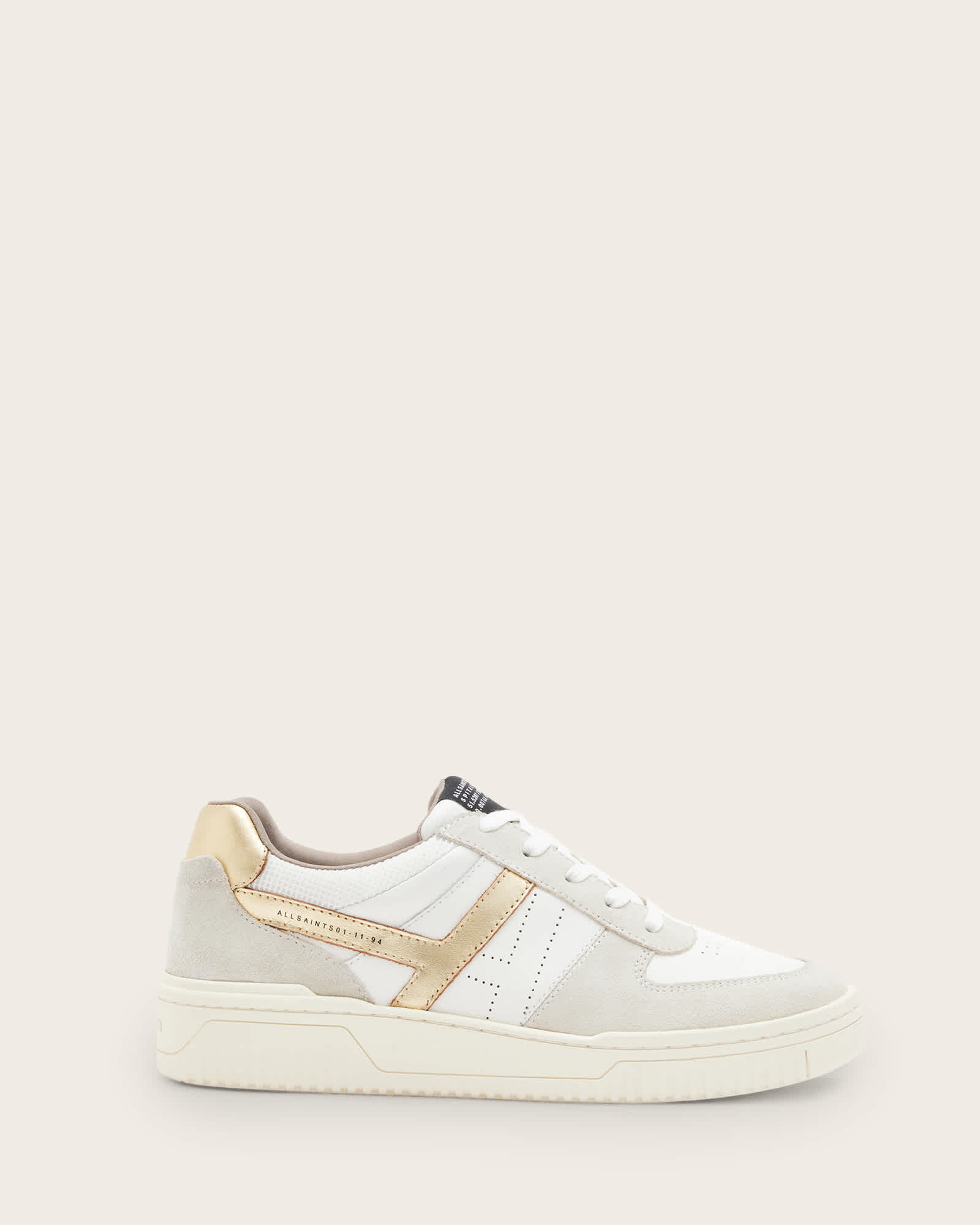 AllSaints Vix Low Top Round Toe Suede Trainers,, White/Gold
