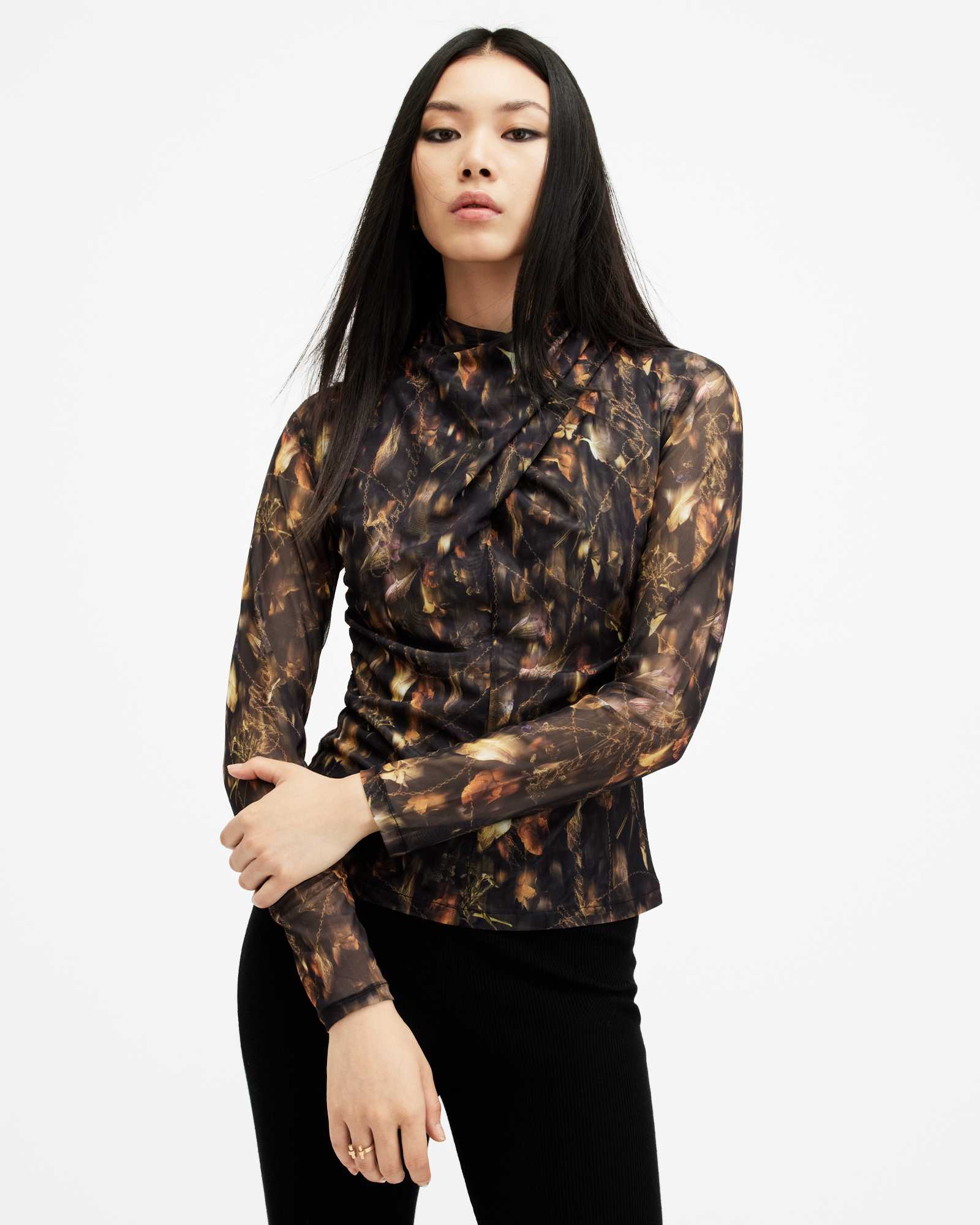 AllSaints Women's Tia High Neck Wrap Over Mesh Top