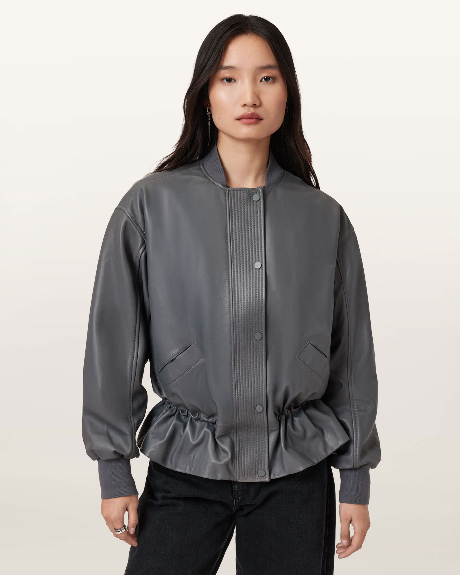 Allsaints Sofi Drawstring Leather Bomber Jacket In Gray