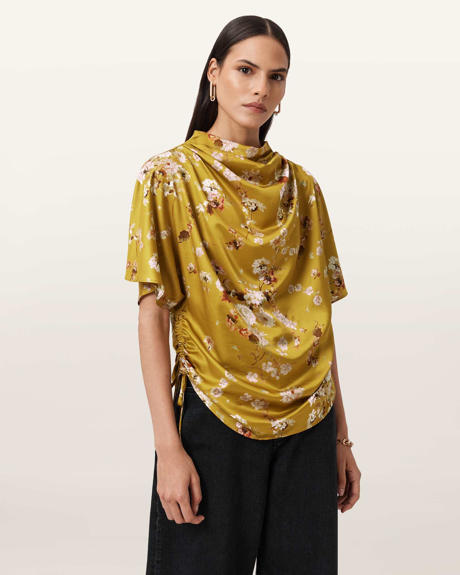 Allsaints Womens Armada Deep Ye Leslie Floral-print Viscose And Silk-blend Top In Yellow