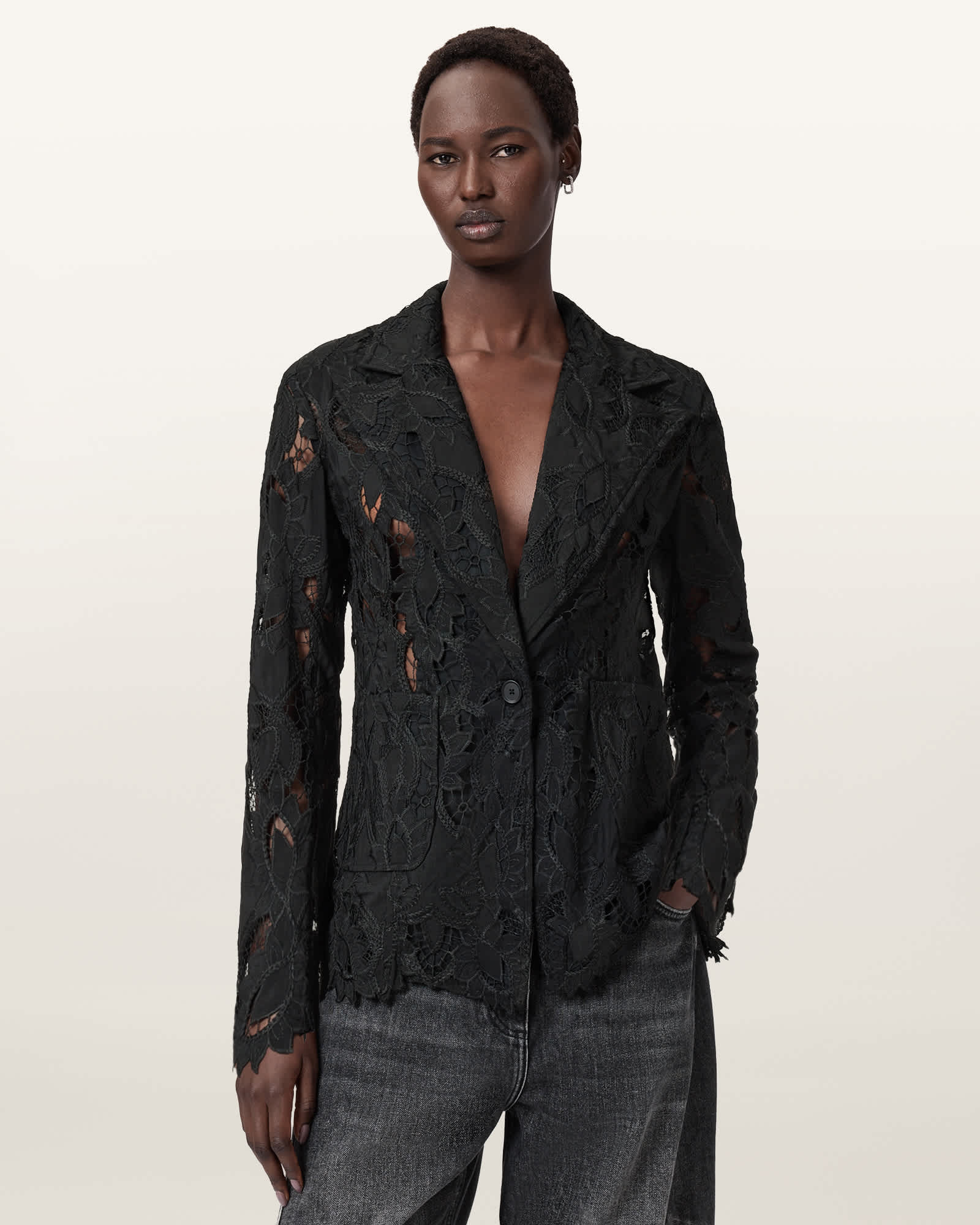 AllSaints Charli Relaxed Fit Embroidered Jacket,, Black