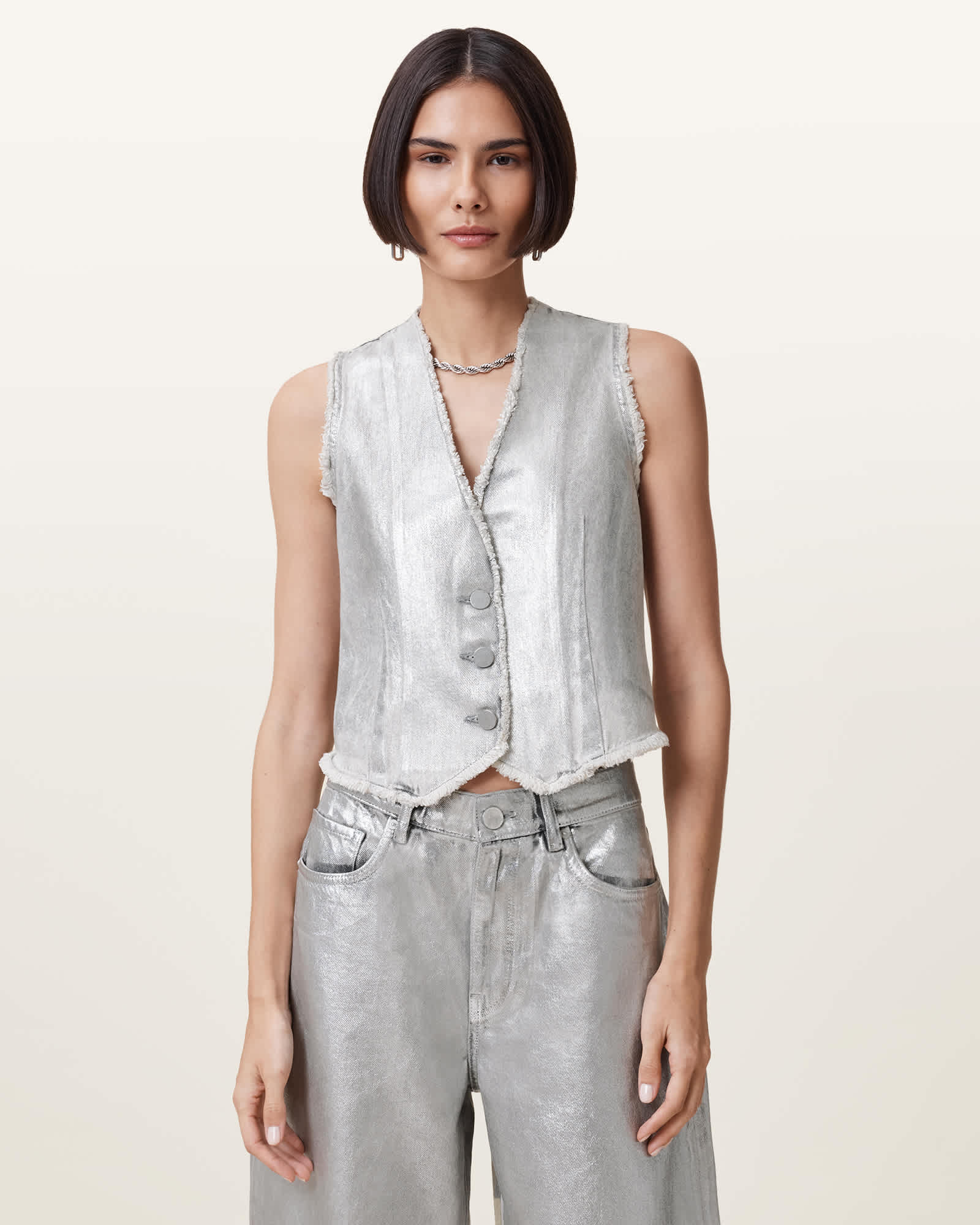 AllSaints Women's Andrea Metallic Silver Waistcoat