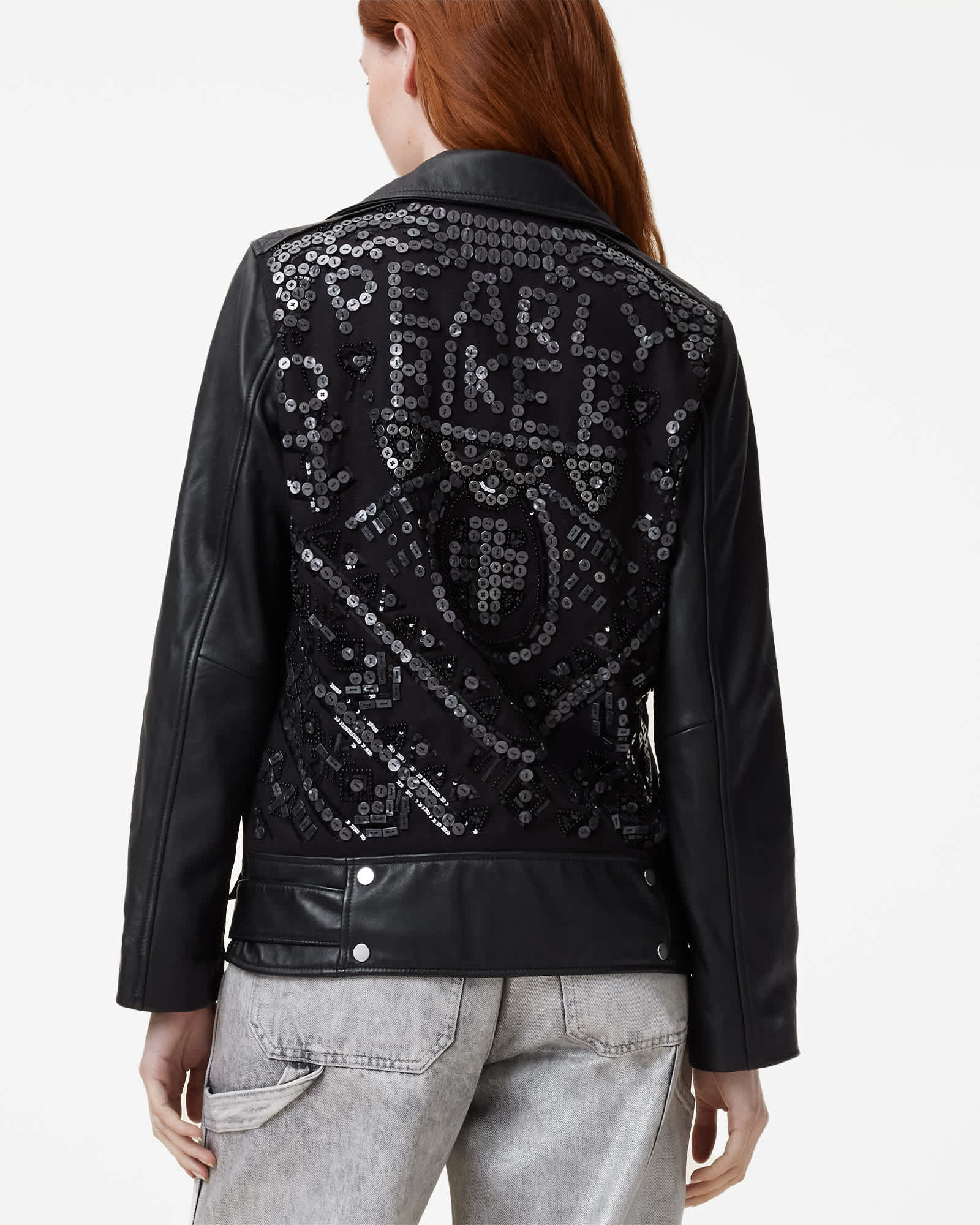 AllSaints Women's Sheep Leather Billie Pearl Embellished Leather Biker Jacket, Size: S