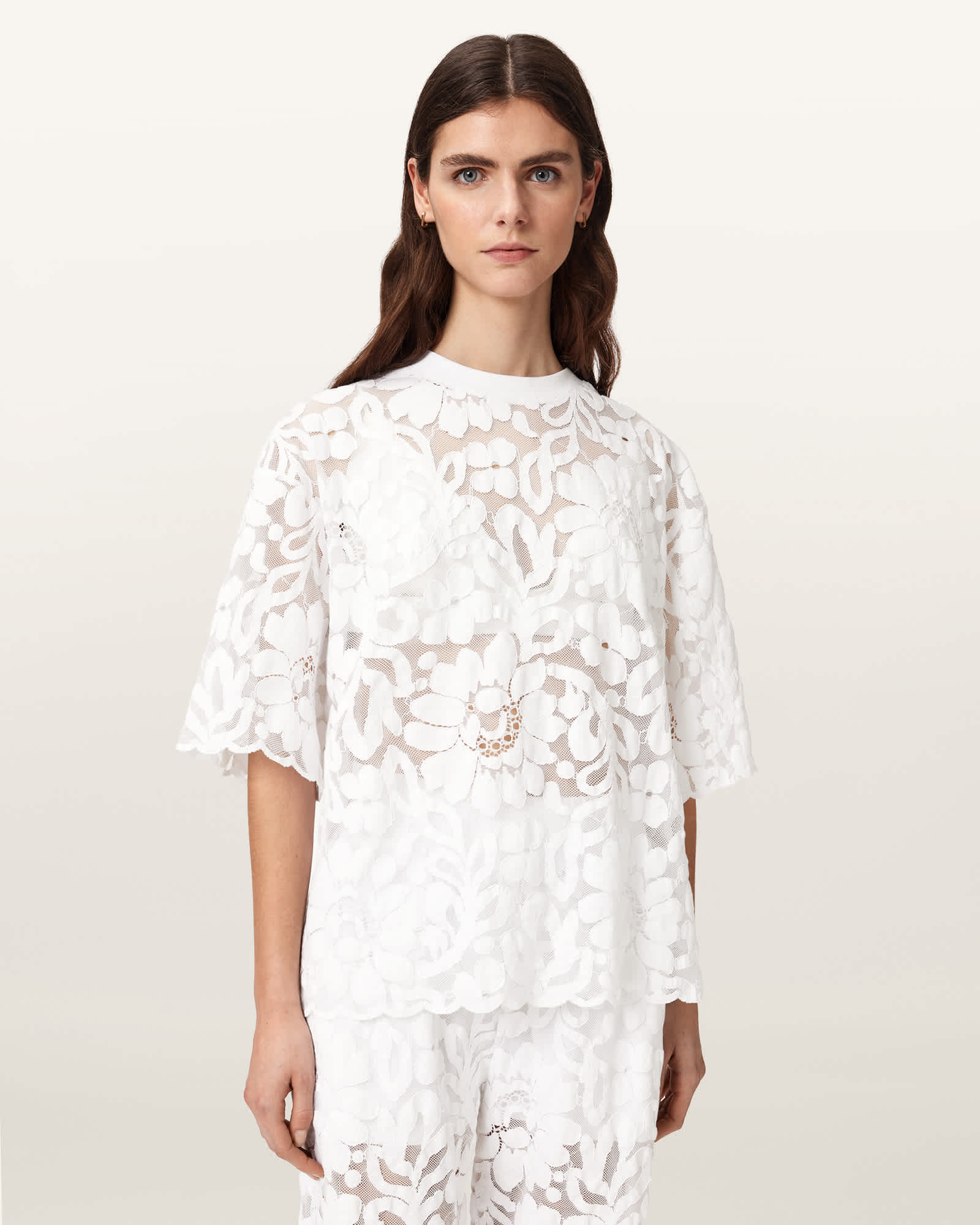 Allsaints Women's White Amelie Oversized Short Sleeve Lace T-Shirt - Size  L