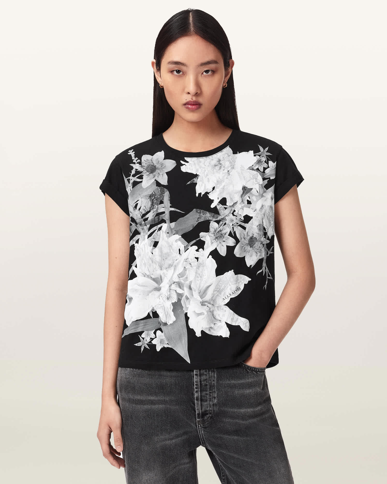 AllSaints Crystal Anna Floral T-Shirt,, Black