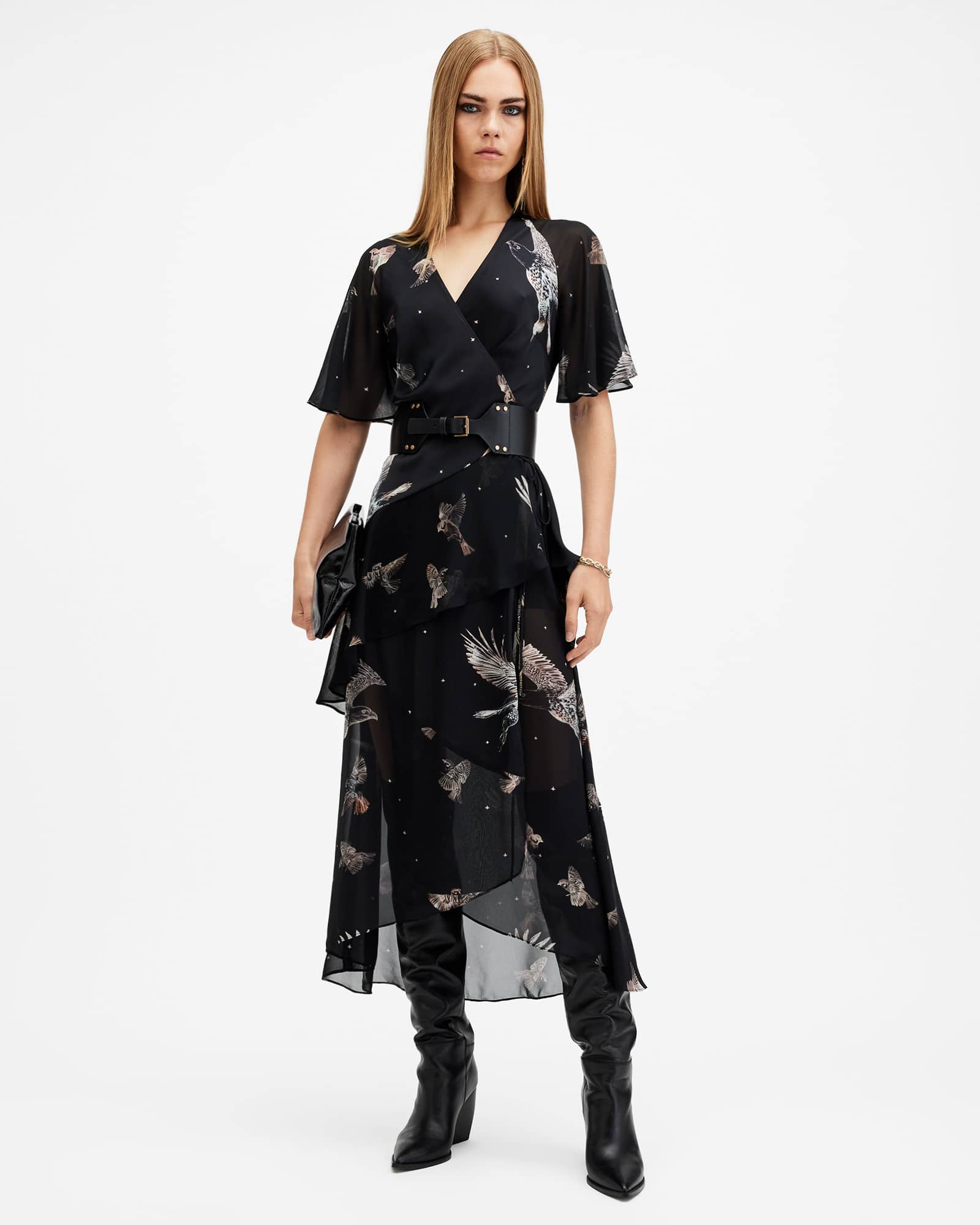 Allsaints Women's Alana Printed Wrap Over Midi Dress - Size  8