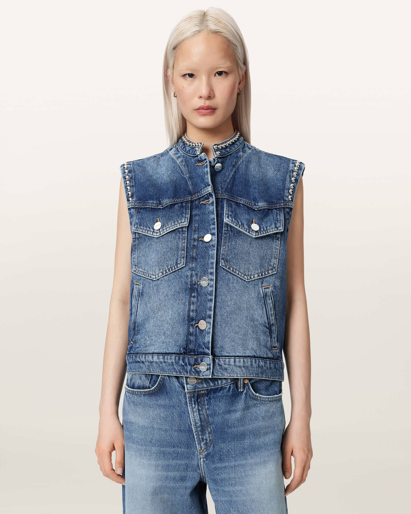Allsaints Women's Blue Mav Studded Denim Waistcoat - Size  16