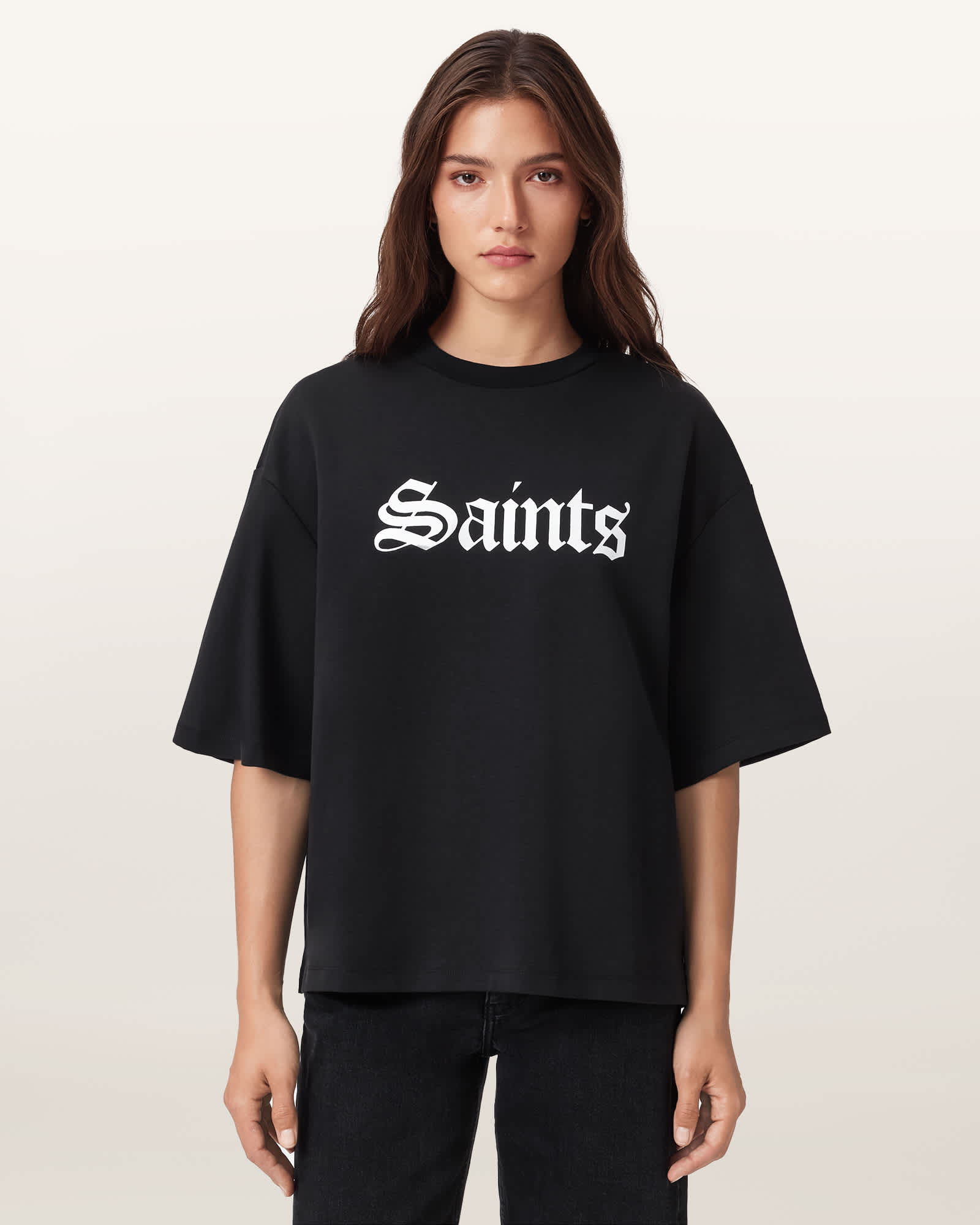 Allsaints Womens Black Amelie Branded-print Cotton-jersey T-shirt In Black