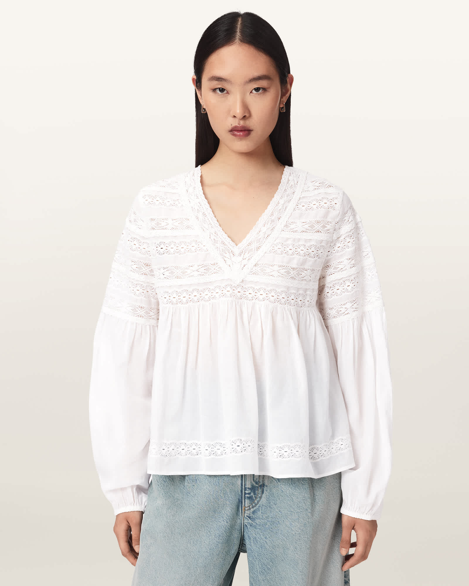 Allsaints Women's White Neneh Long Sleeve Lace Detail Top - Size  16