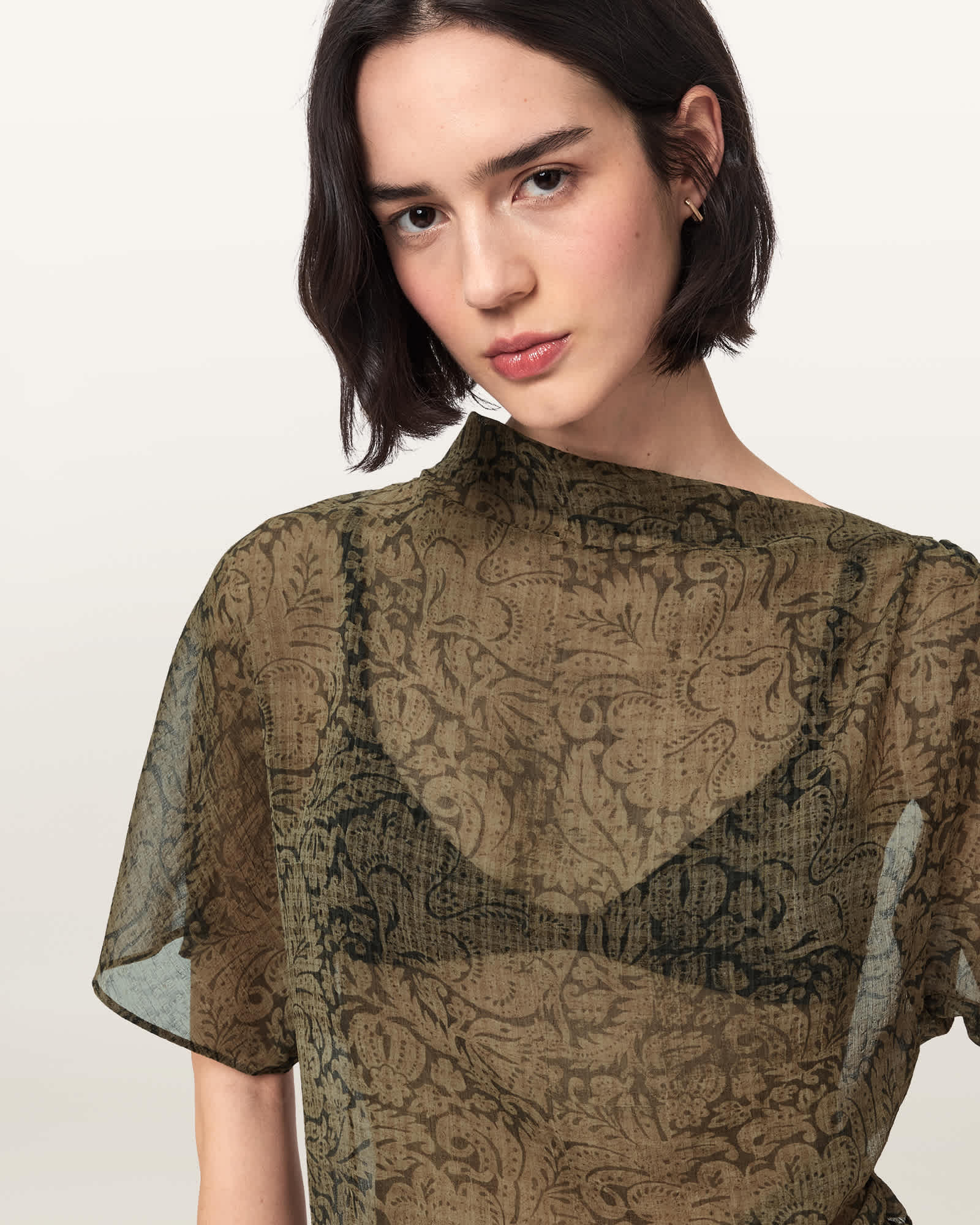 AllSaints Polyester Sali Cropped Mesh Top, Size: UK 6/US 2