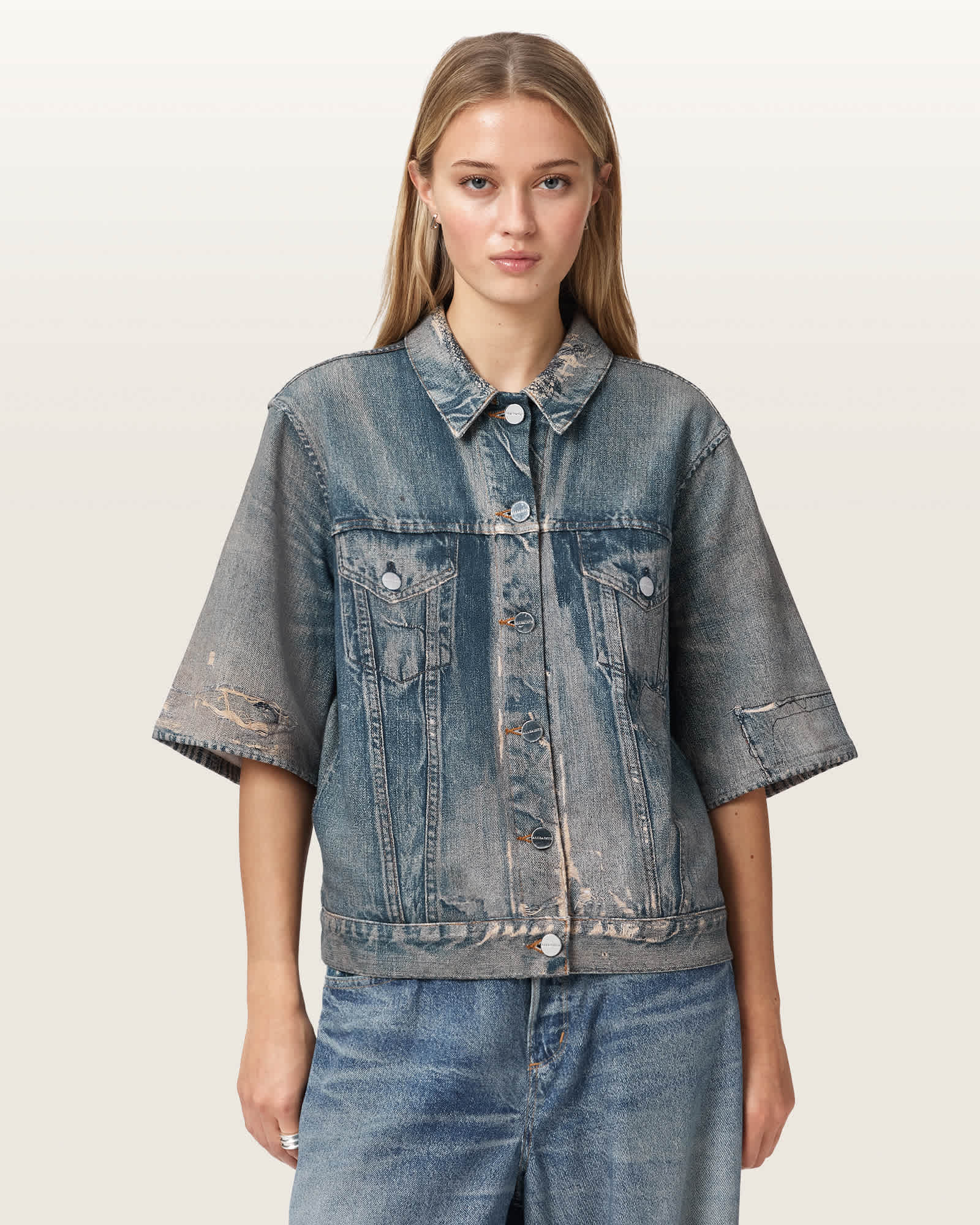 Allsaints Women's Blue Juni Terry Short Sleeve Illusion Of Denim Shirt - Size  16