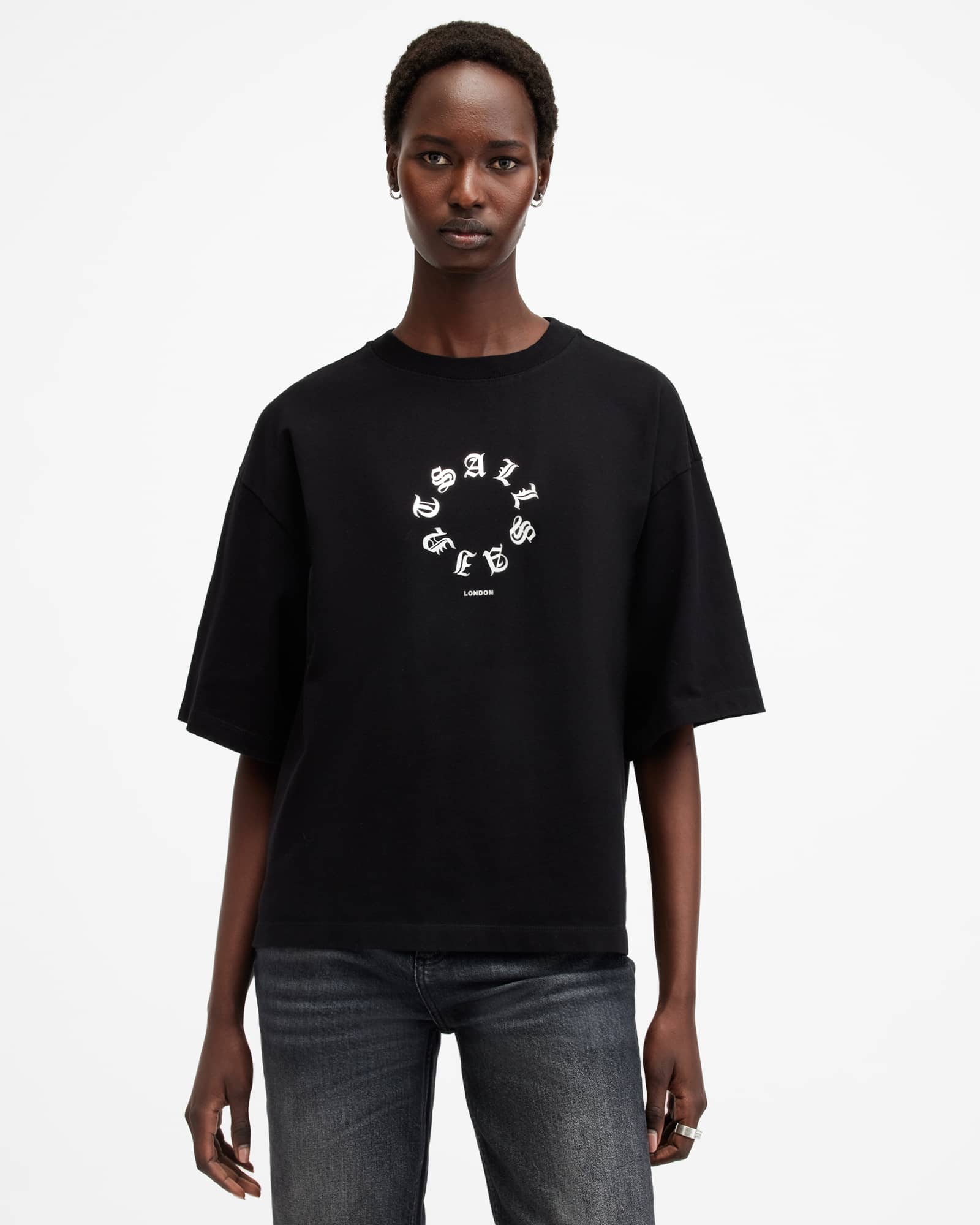 AllSaints Tieroth Amelie Metallic Logo T-Shirt,, Black