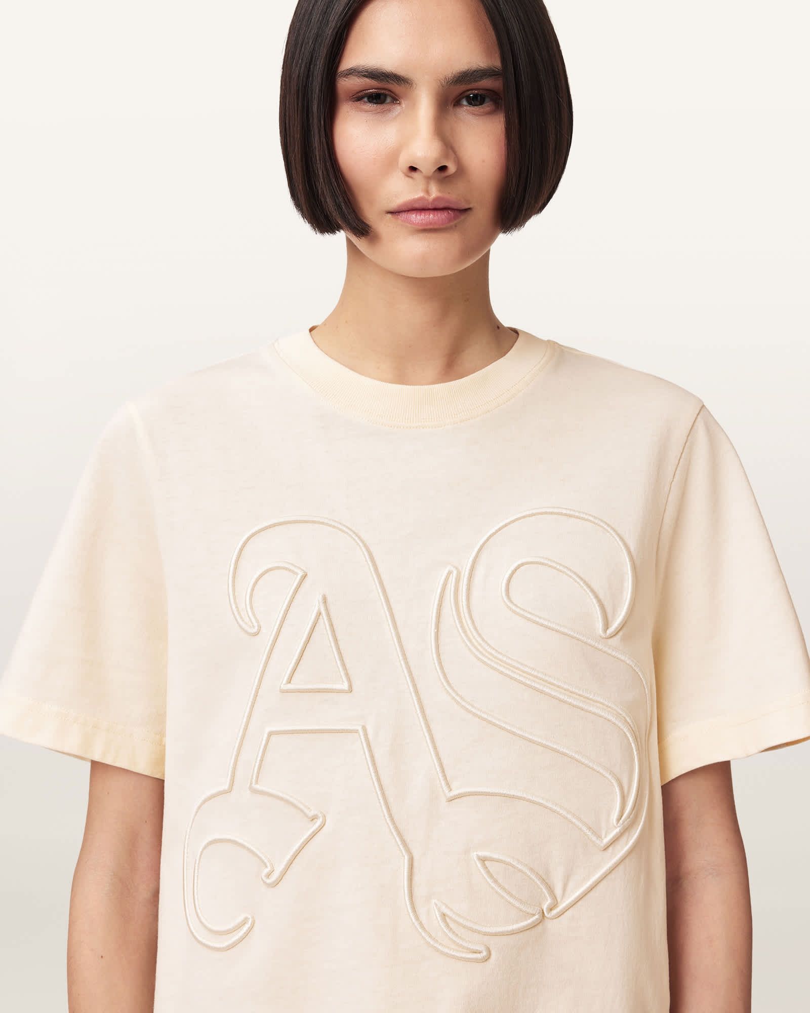 AllSaints Lisa Embossed Crew Neck T-Shirt,, Pebble White