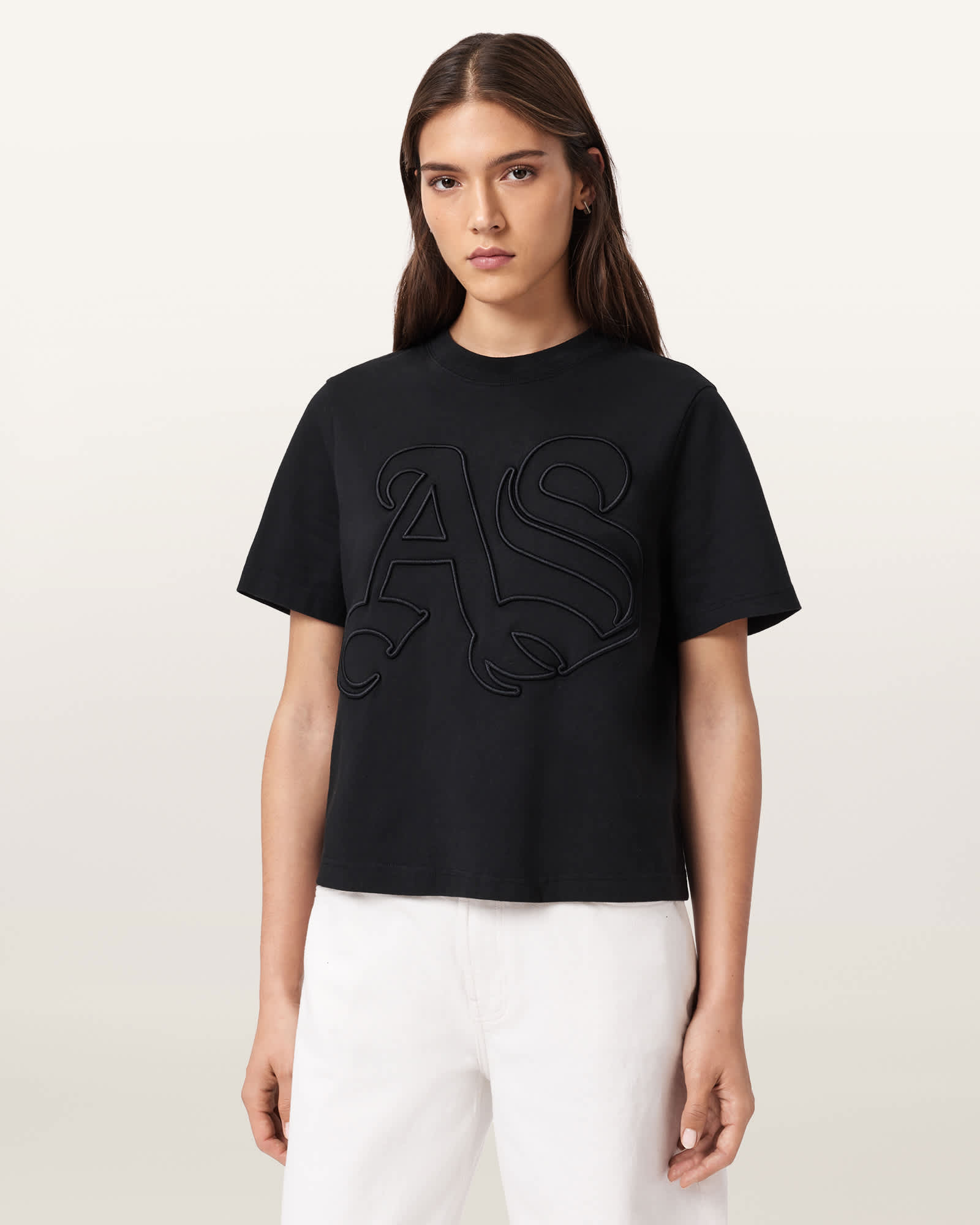 AllSaints Lisa Embossed Crew Neck T-Shirt,, Black