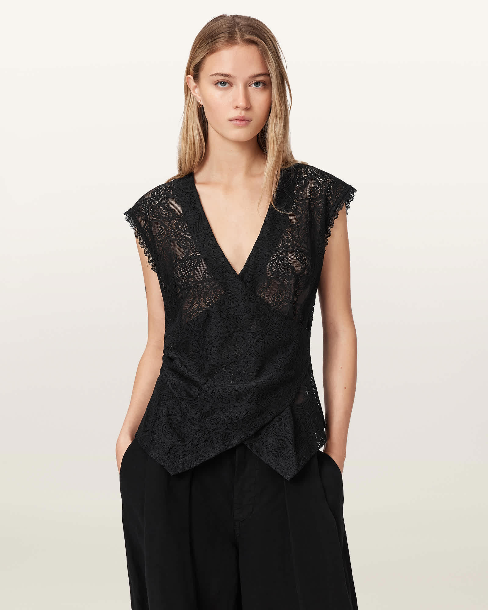 AllSaints Vera Sleeveless Wrap Blouse Black