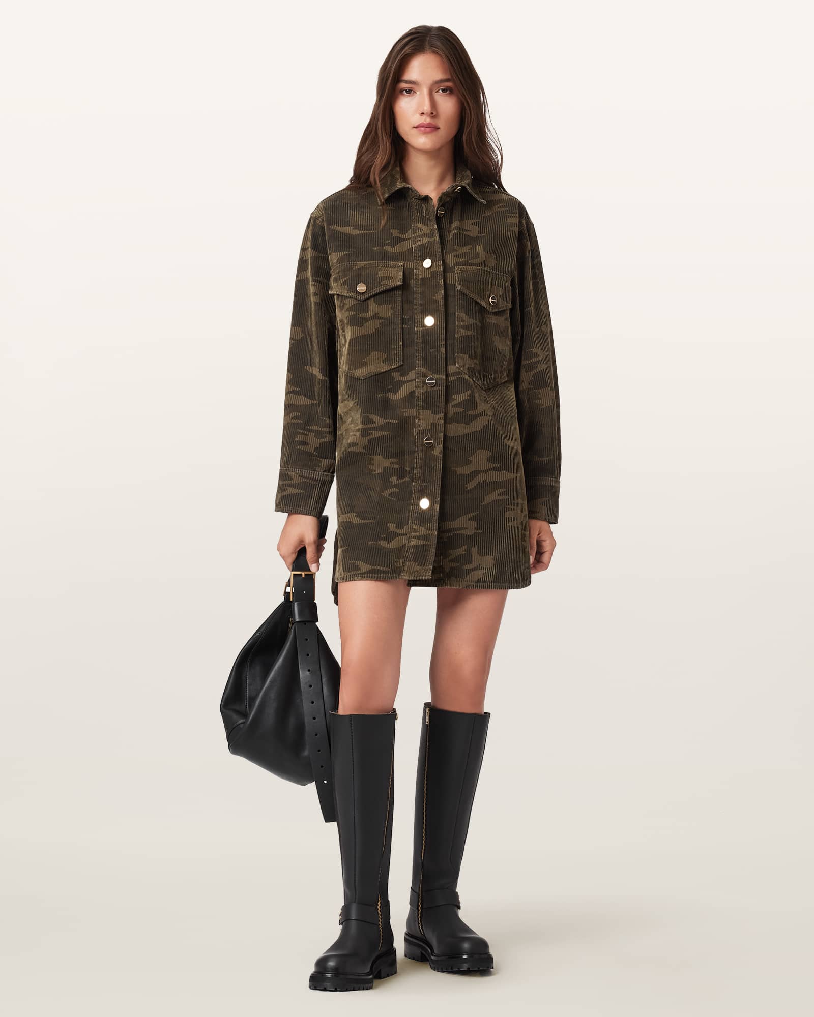 Allsaints Faye Long Sleeve Shacket Minidress In Green