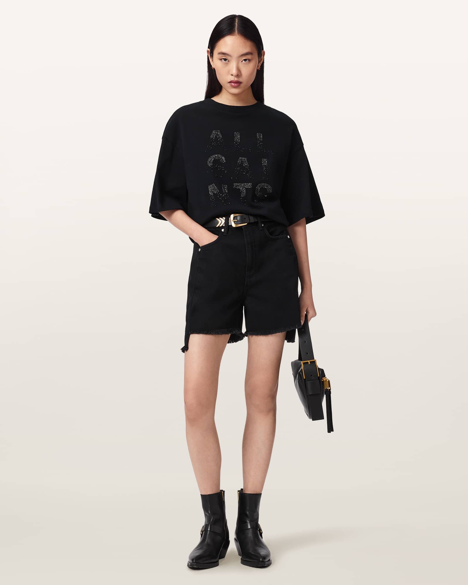 Allsaints Women's Black Stacks Amelie Oversized Embellished T-Shirt - Size  Xs