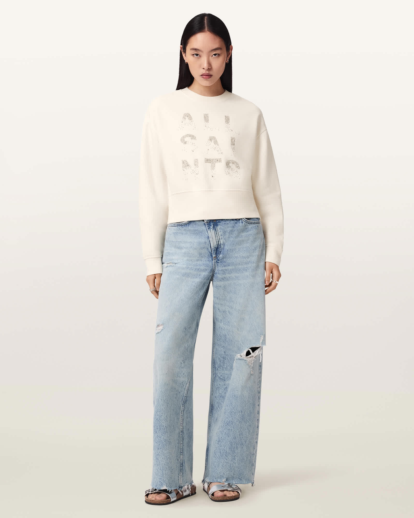 AllSaints Cotton Stacks Separo Embellished Cropped Sweatshirt, Size: L