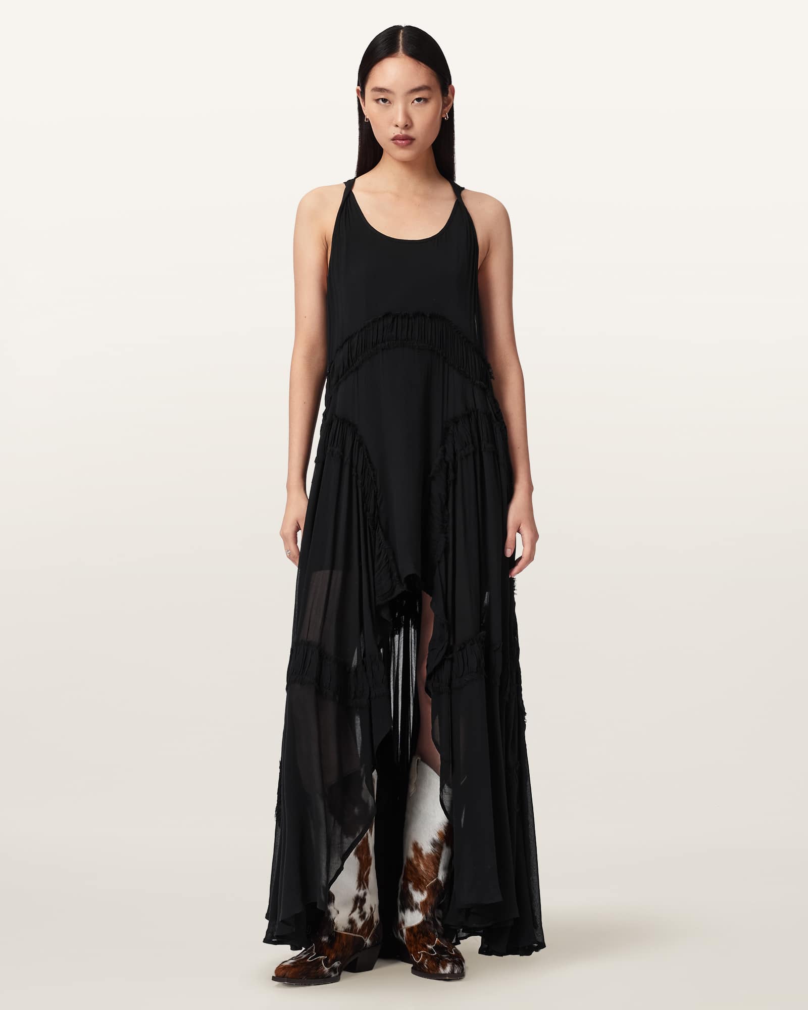 AllSaints Polyester Dorina Sleeveless Ruched Maxi Dress, Size: UK 4/US 0