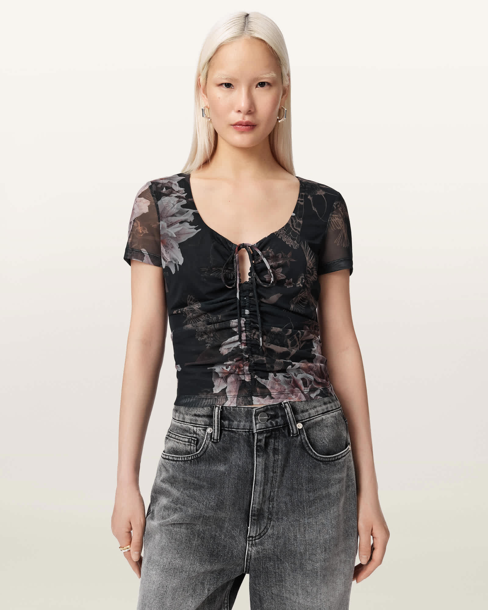 AllSaints Polyester Gabby Slim Fit Floral Mesh Top, Size: UK 10/US 6