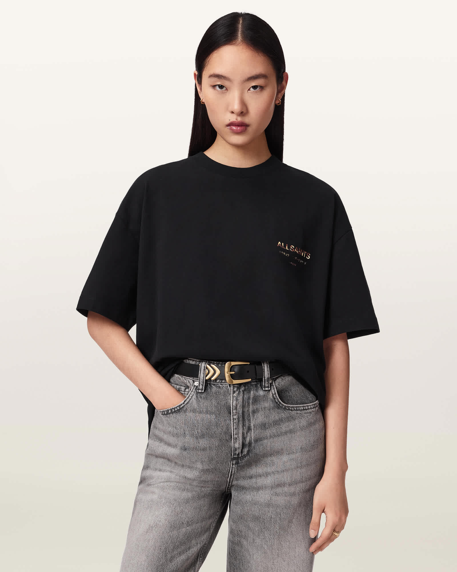 AllSaints Cotton Underground Etta Cow Print Fit T-Shirt, Size: L